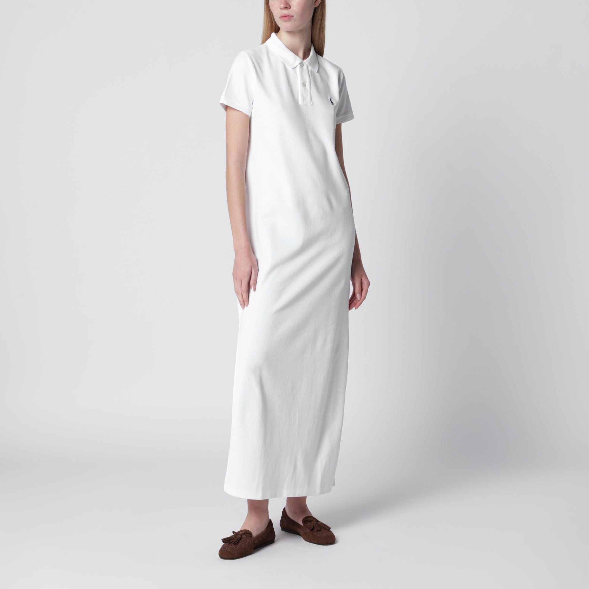 Abito lungo in cotone bianco con logo