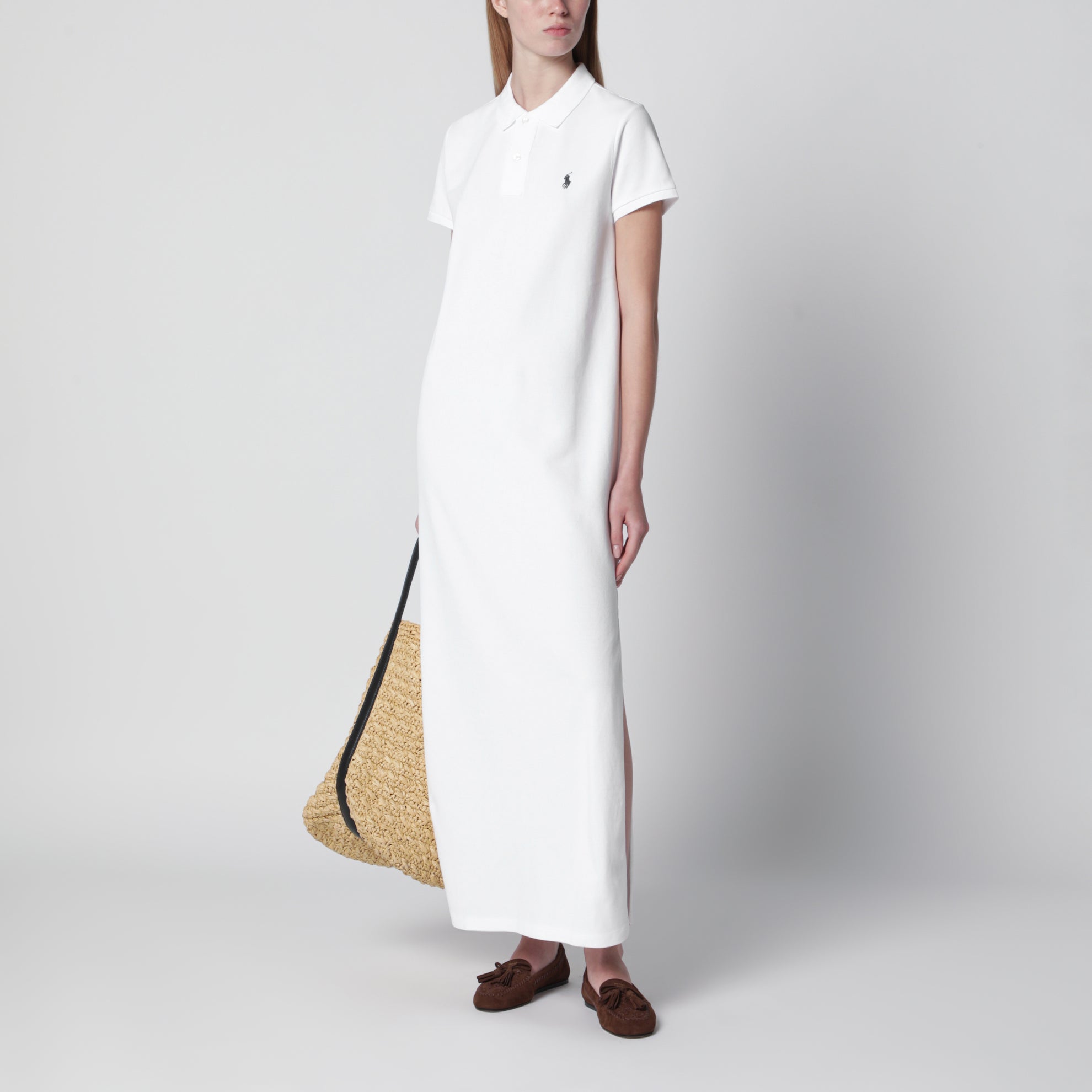 Abito lungo in cotone bianco con logo