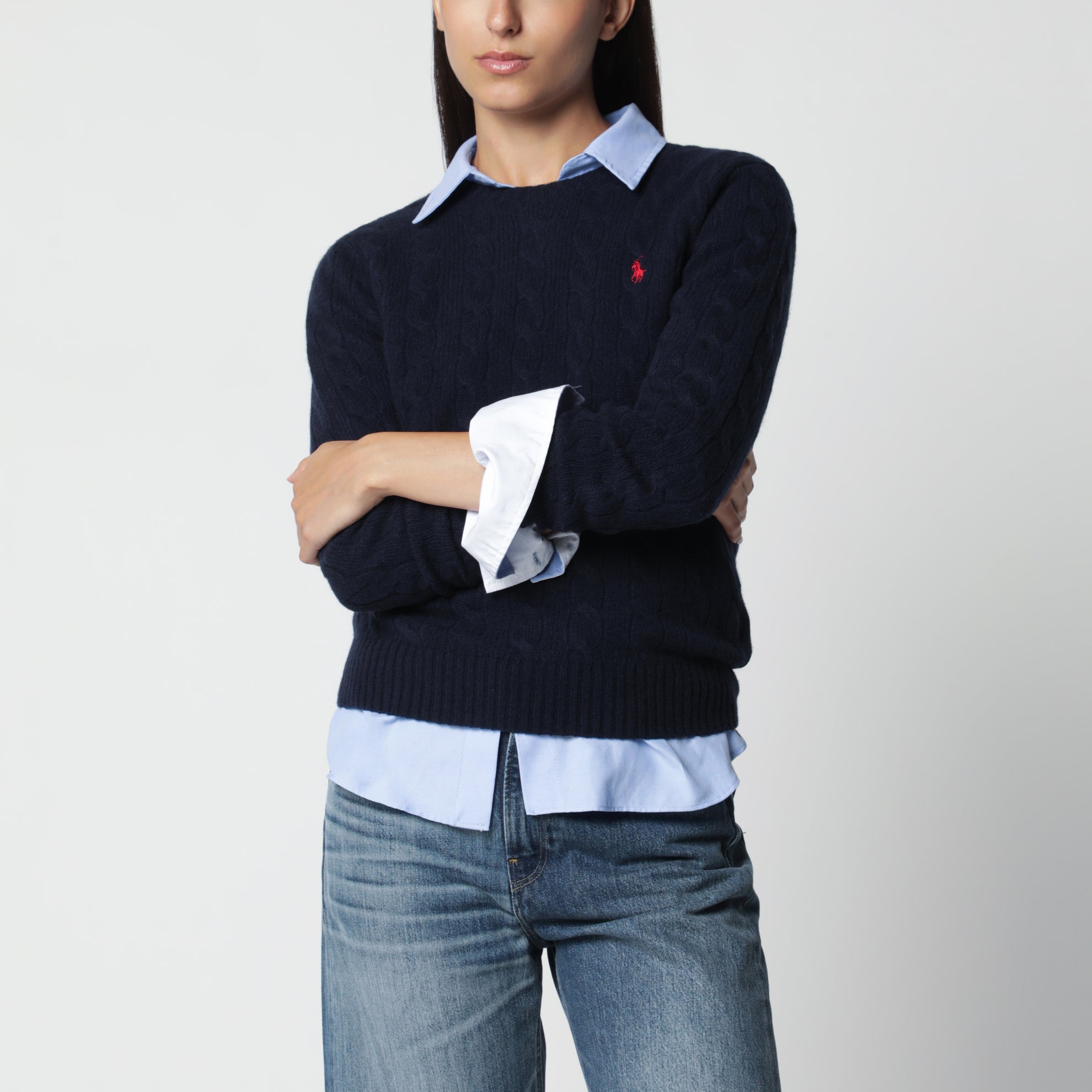 Rundhalspullover aus Wolle und Kaschmir in Hunter Navy