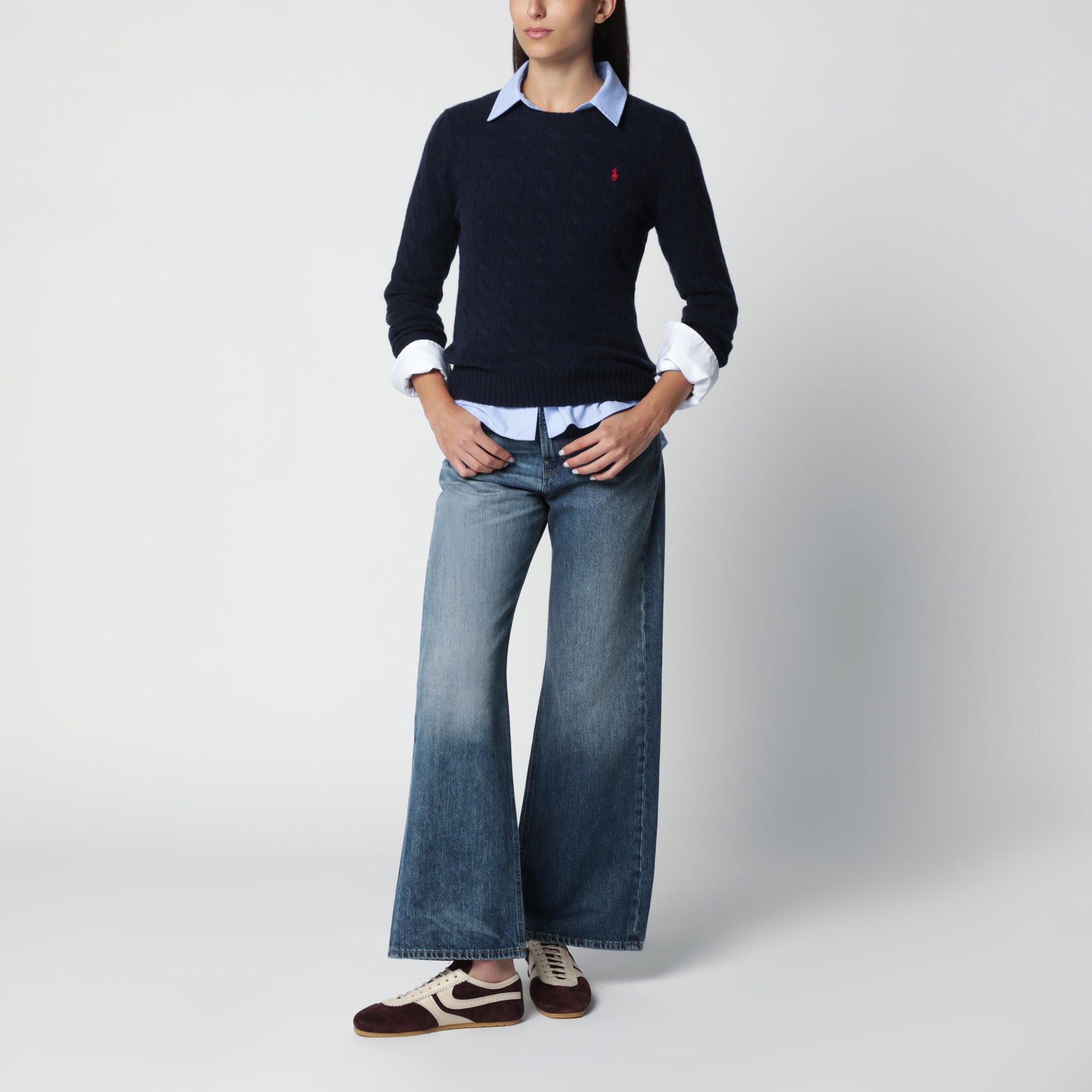 Rundhalspullover aus Wolle und Kaschmir in Hunter Navy