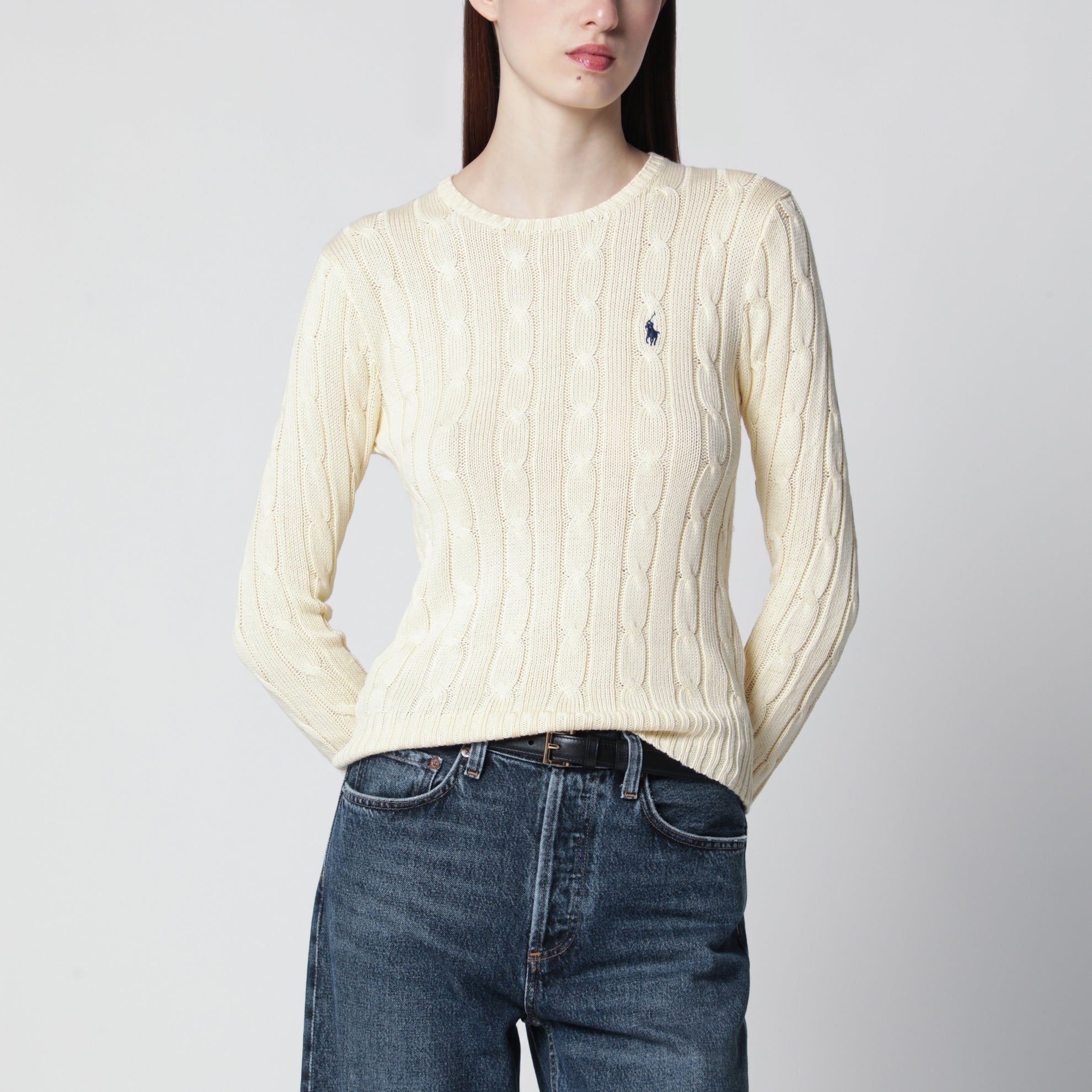 Cream cable-knit cotton sweater