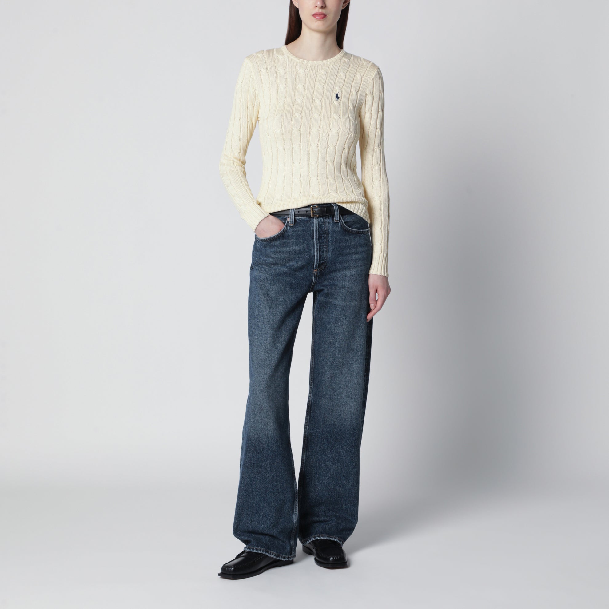 Cream cable-knit cotton sweater