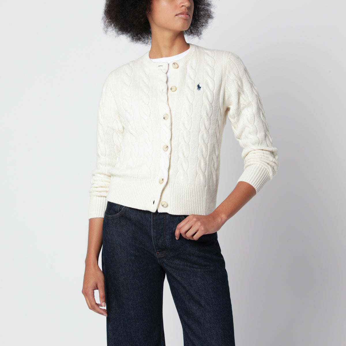 Cream cable-knit cardigan in wool and cashmere