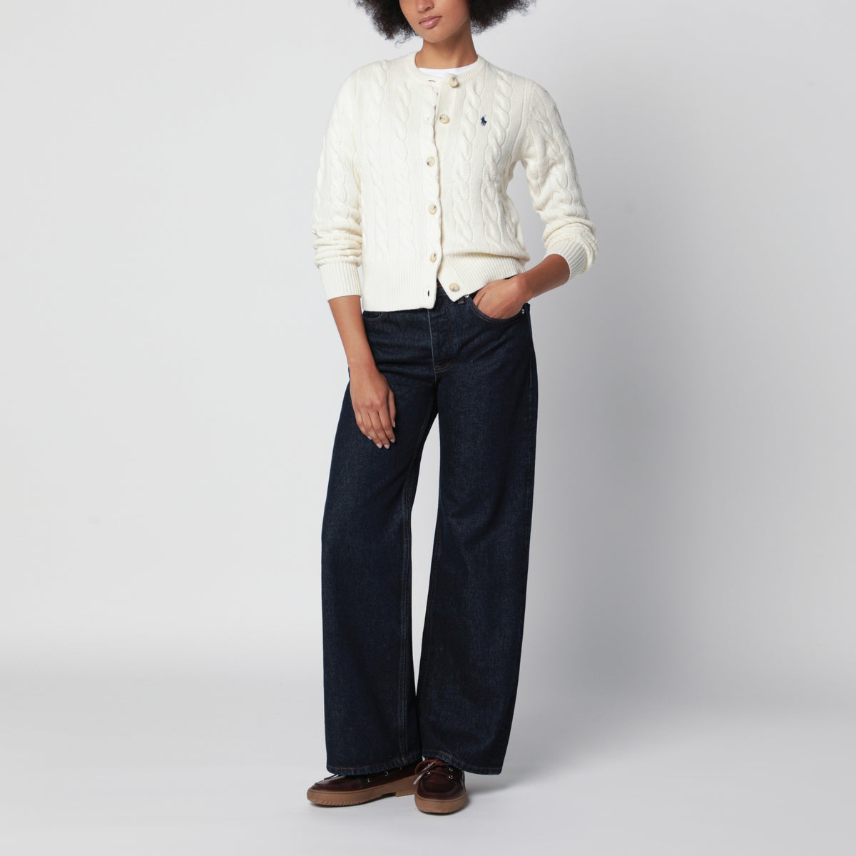 Cream cable-knit cardigan in wool and cashmere
