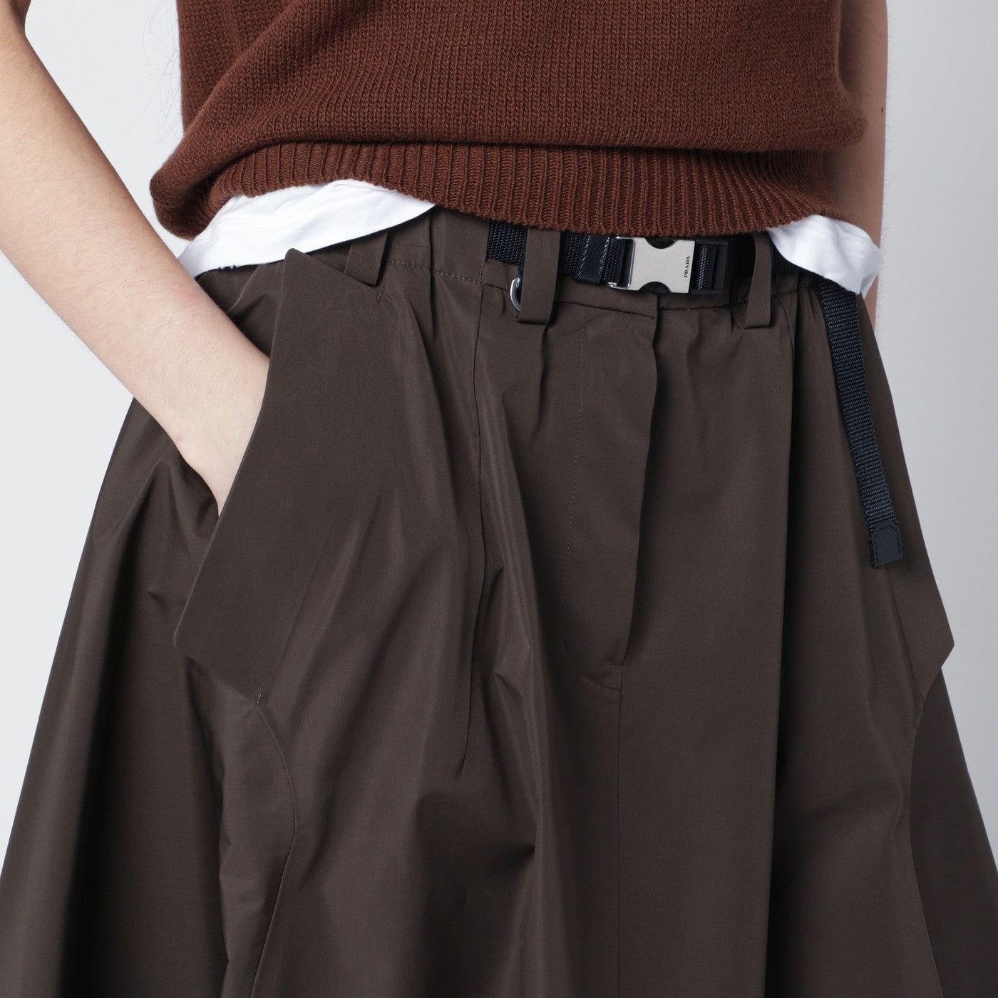 Wide camouflage green skirt in technical canvas