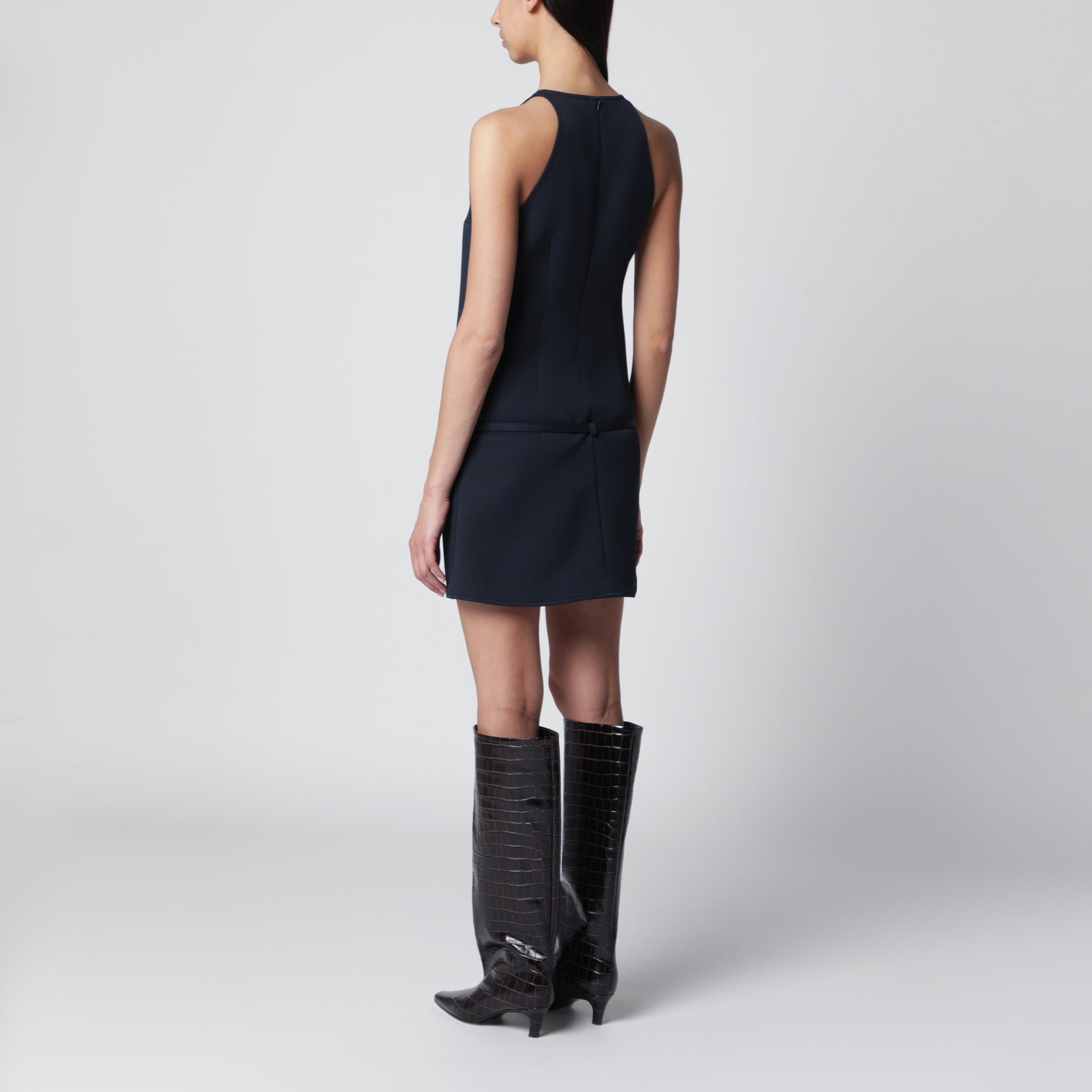 Mini-robe trapèze en sergé avec ceinture bleu marine