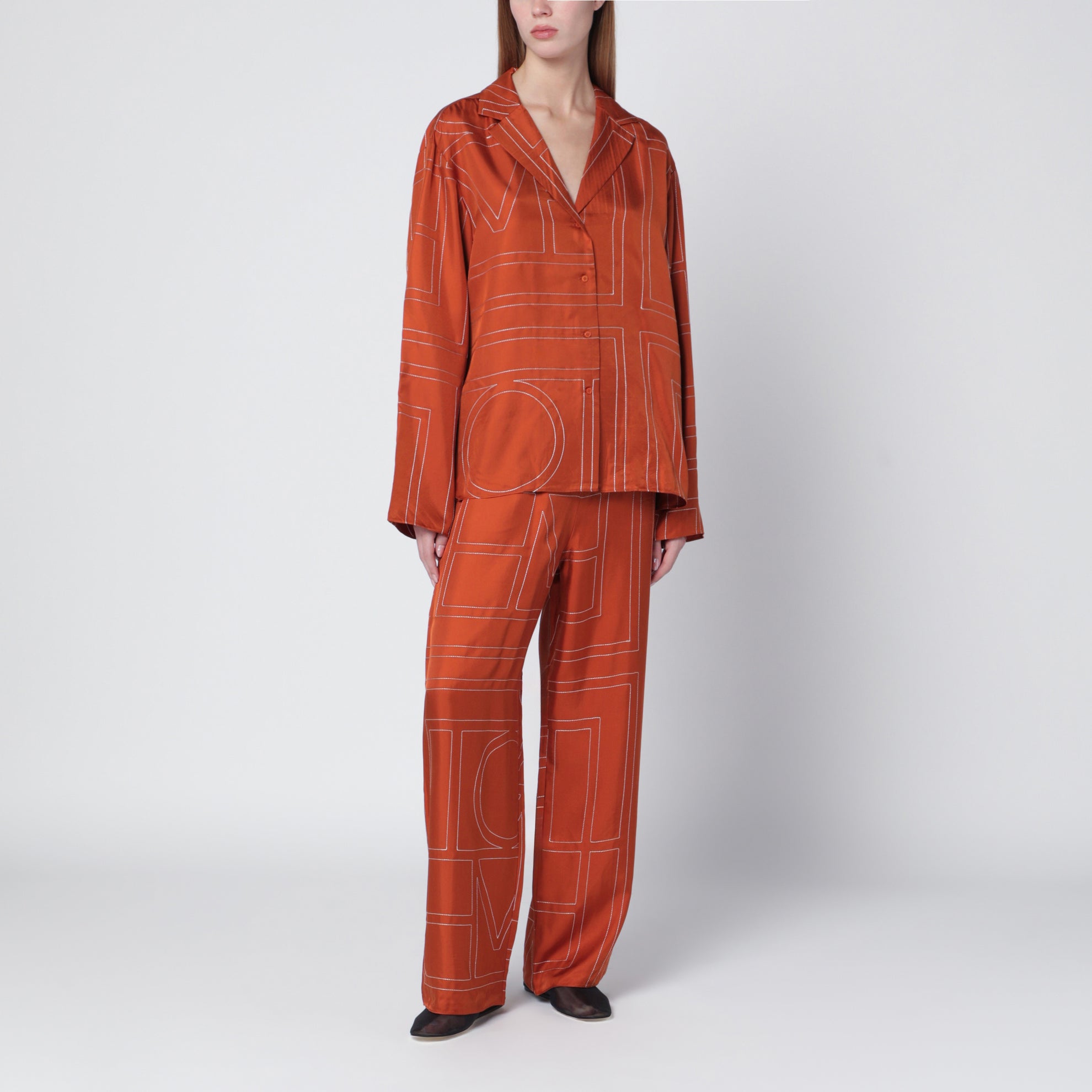 Monogramm-Pyjamahemd aus Seide in Terrakotta