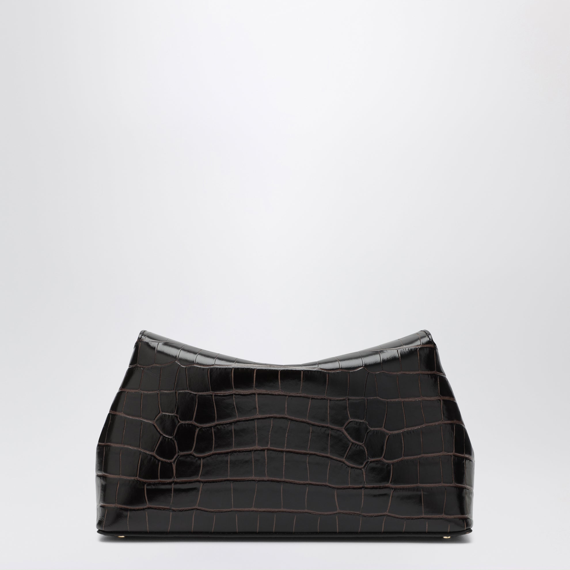 Brown T-lock clutch in crocodile-embossed leather