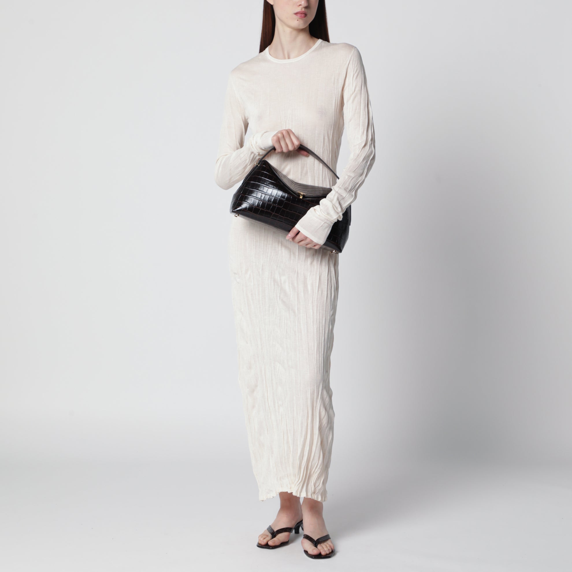 Everyday bag in dark brown crocodile-embossed leather