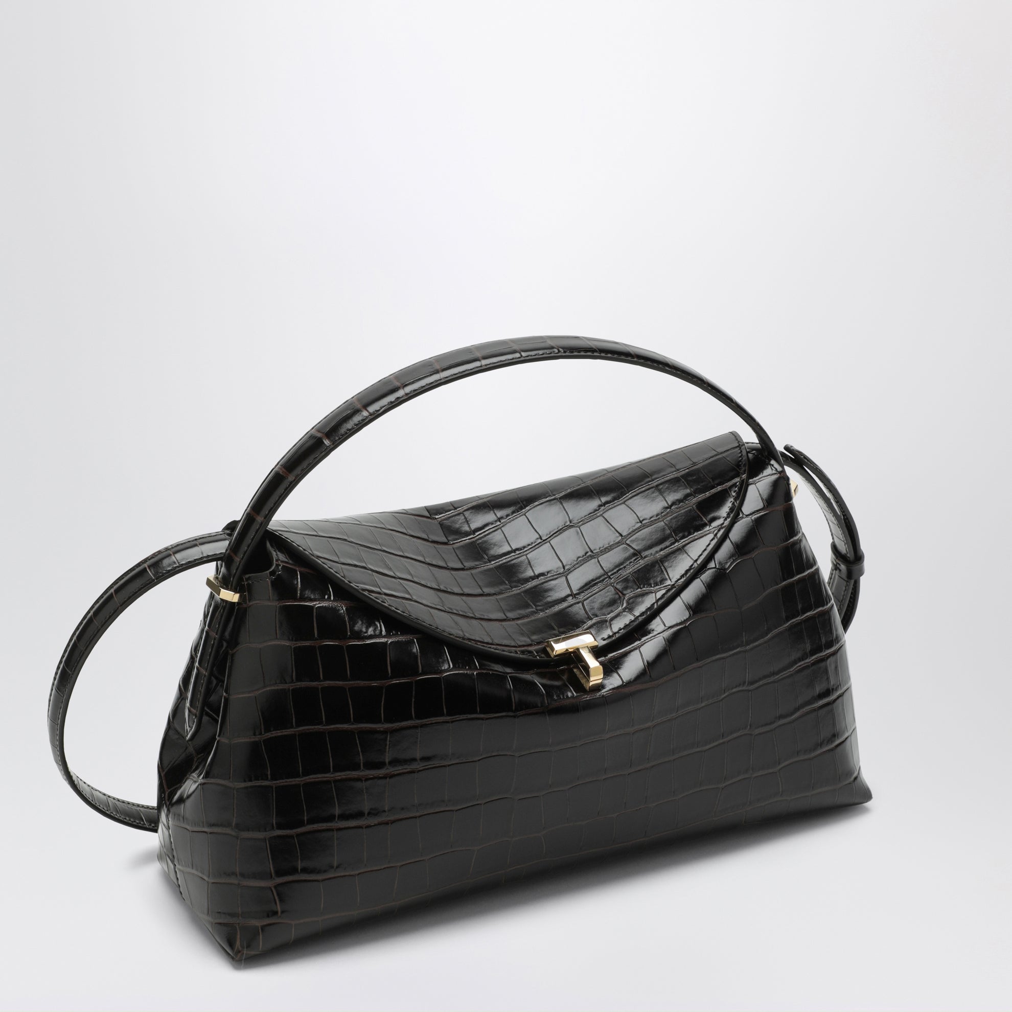 Everyday bag in dark brown crocodile-embossed leather
