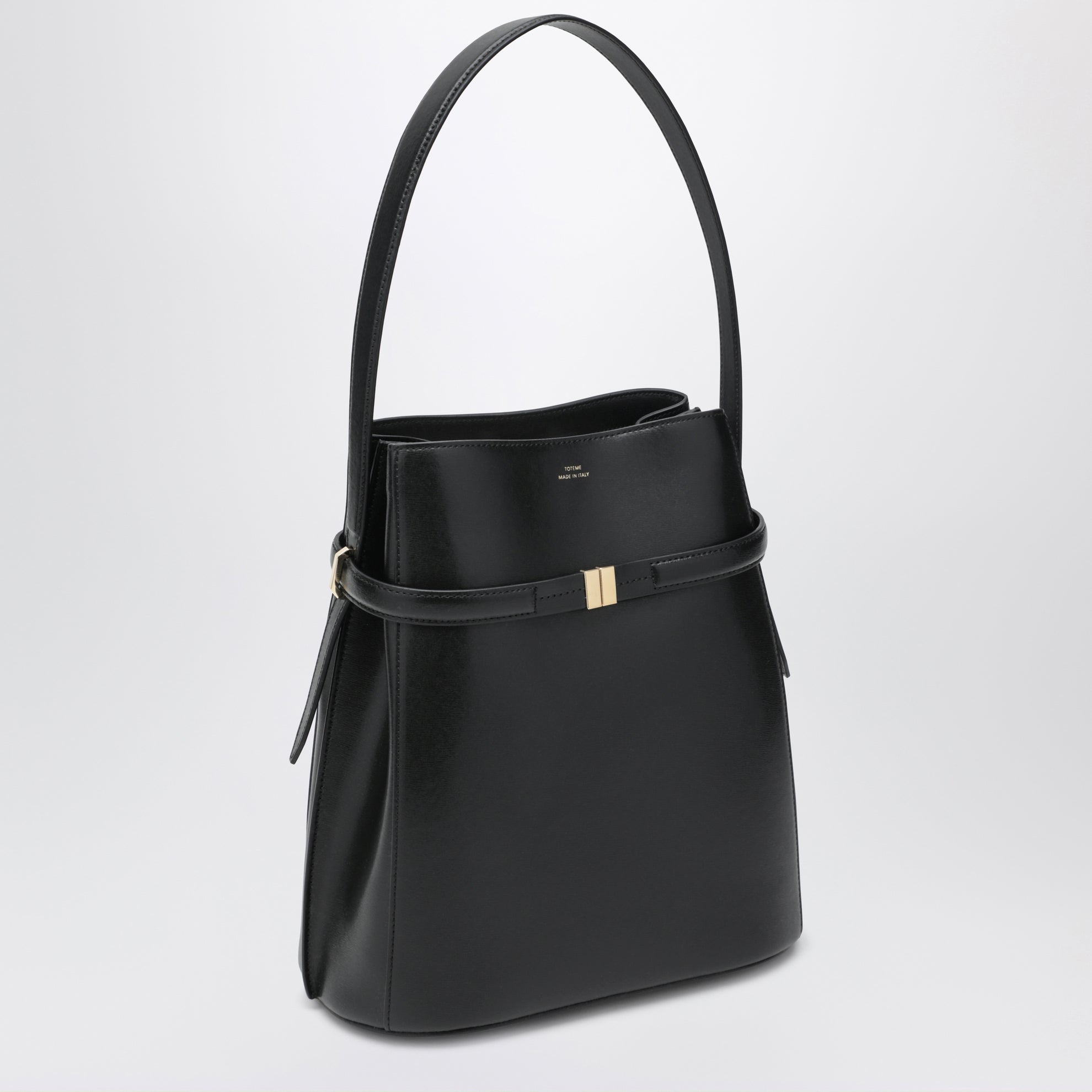 Schwarze Bucket Bag aus Leder mit Riemen