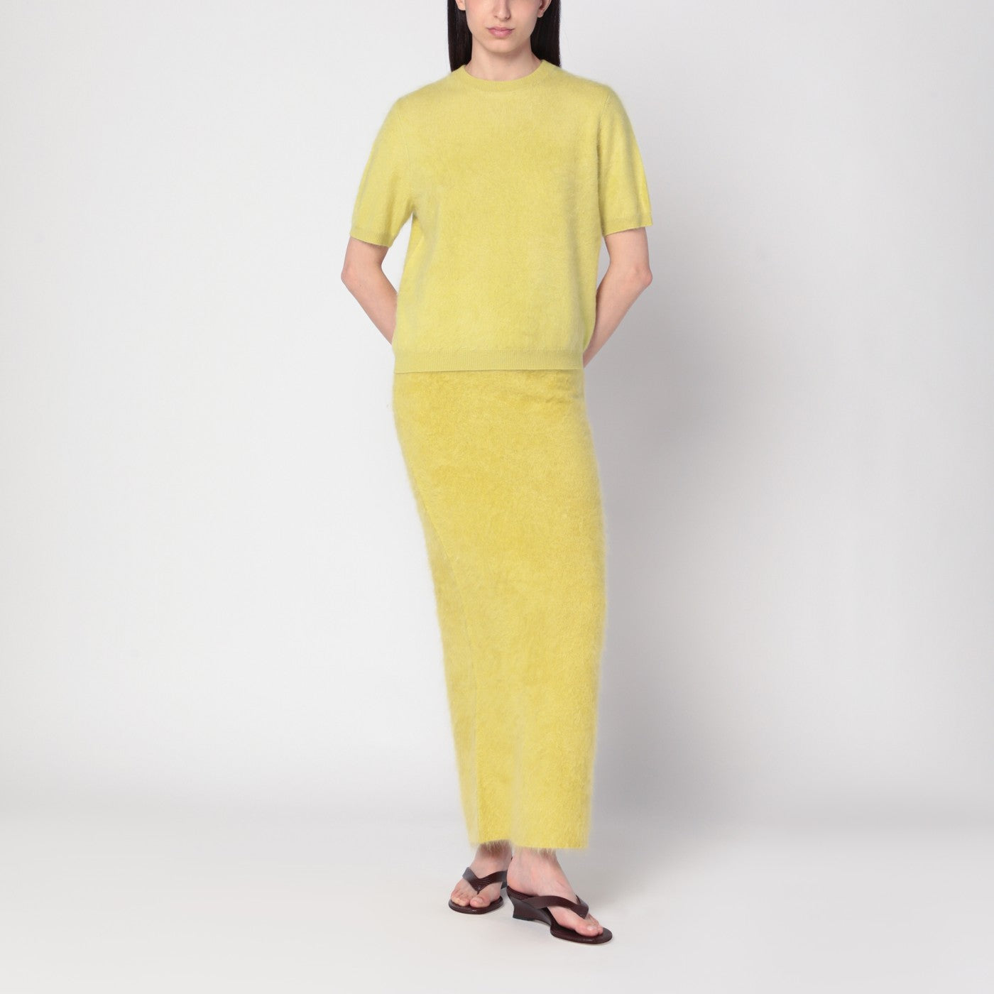 Long Lime-coloured brushed cashmere skirt
