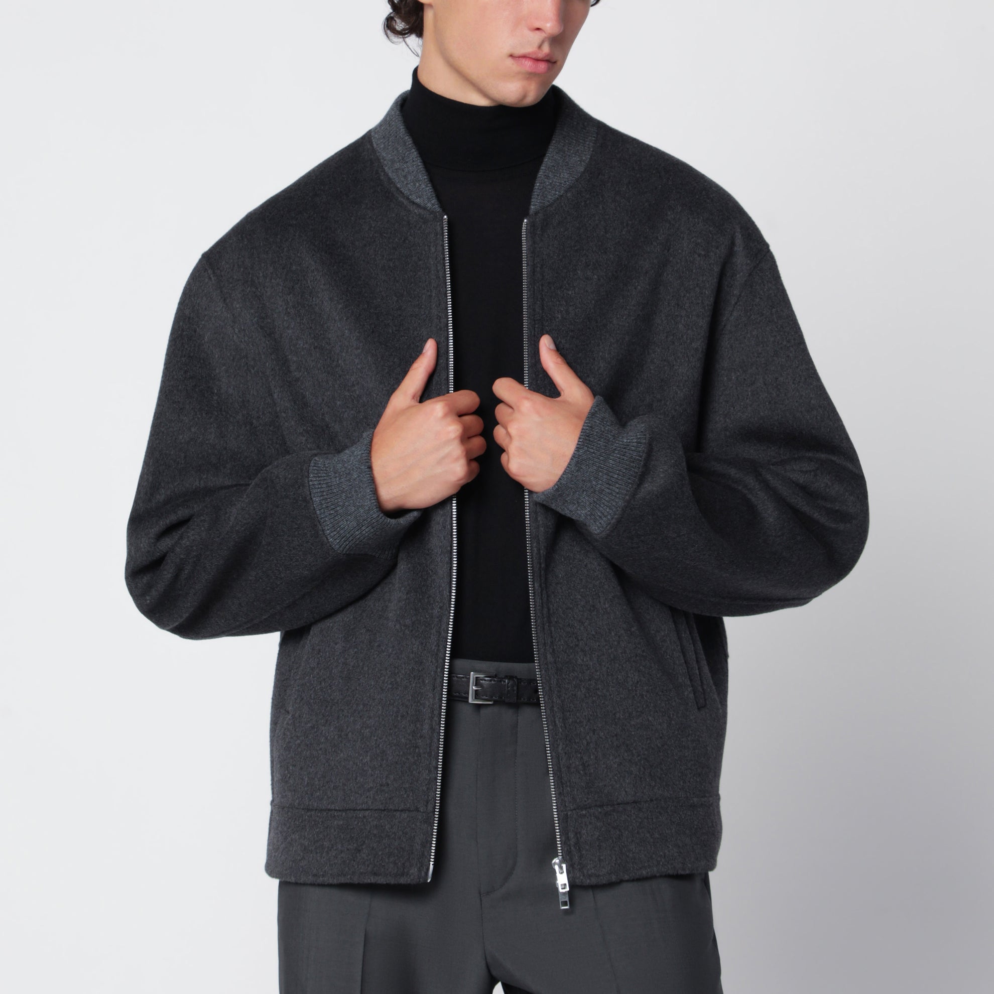 Bomber in lana e cashmere grigio scuro