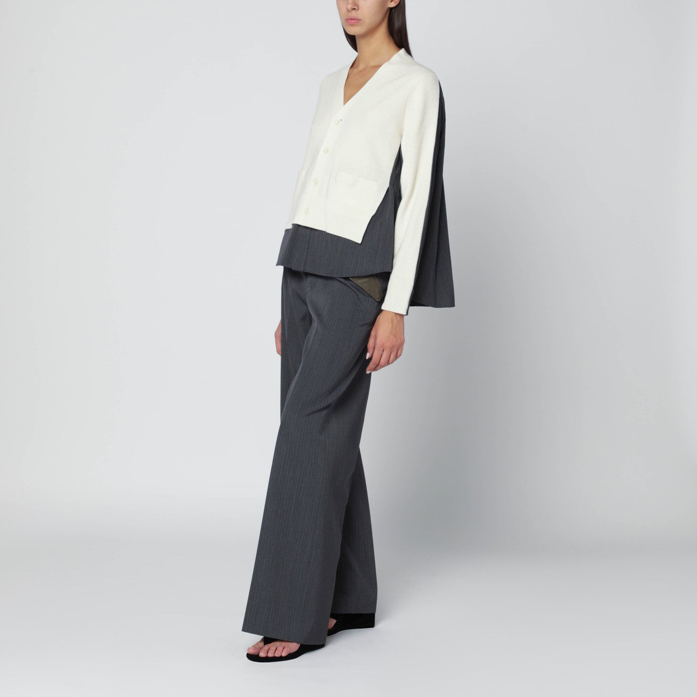 Grey/khaki pinstripe bi-material trousers