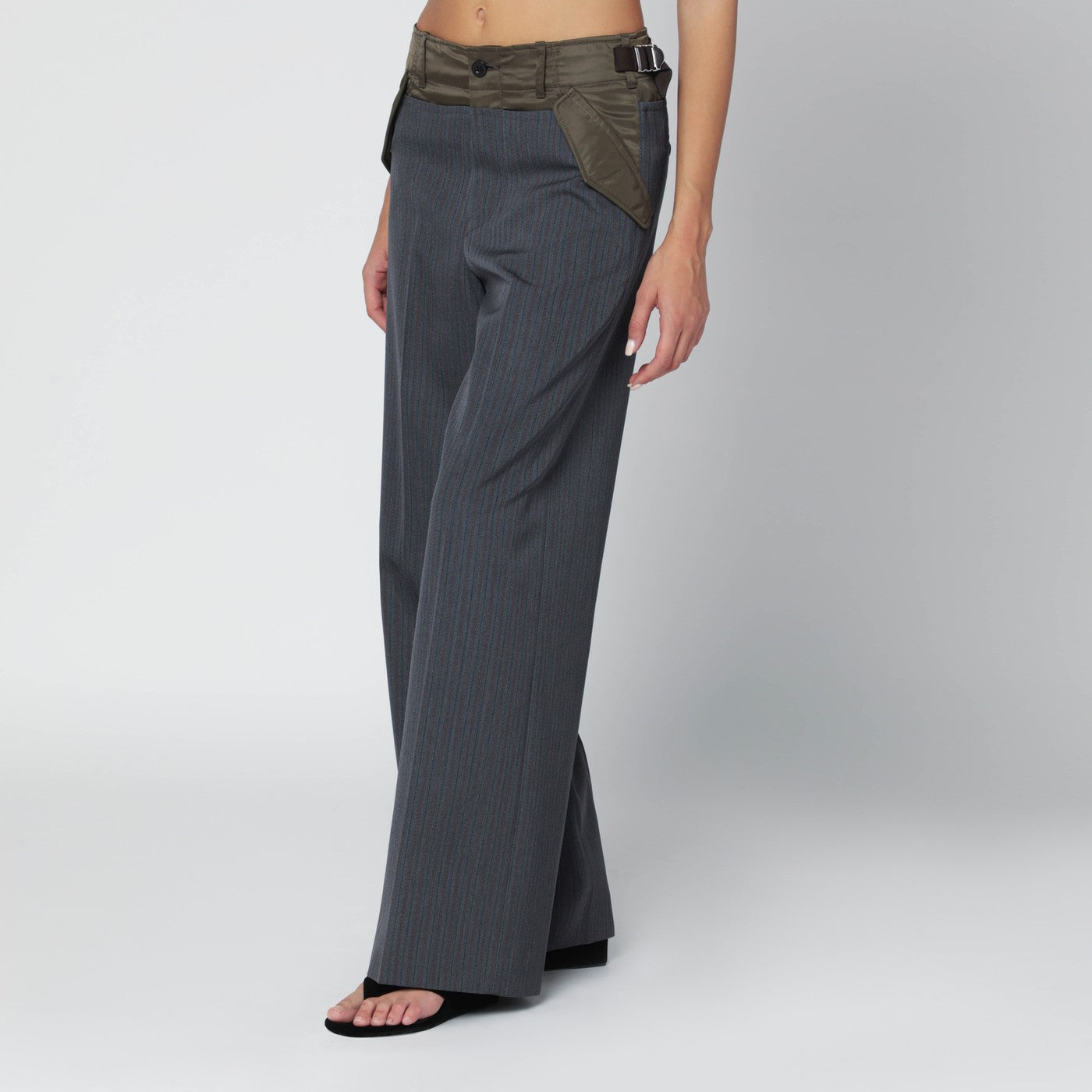 Grey/khaki pinstripe bi-material trousers