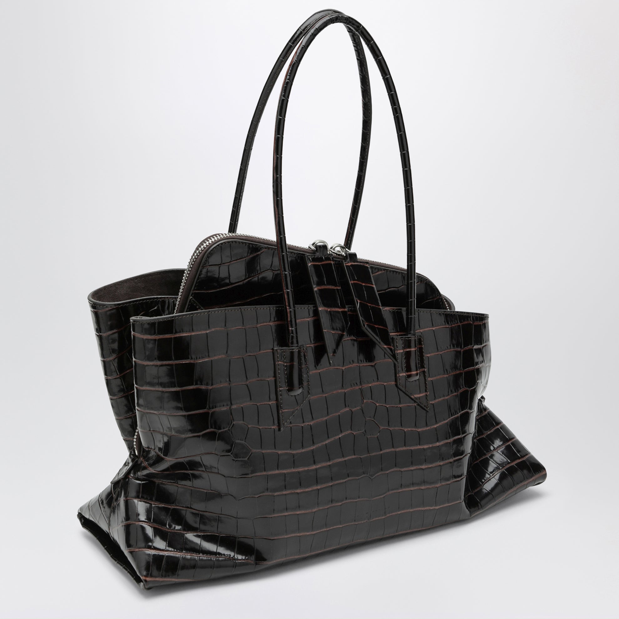 La Passeggiata Medium Tasche aus kaffeefarbenem Leder mit Kroko-Prägung