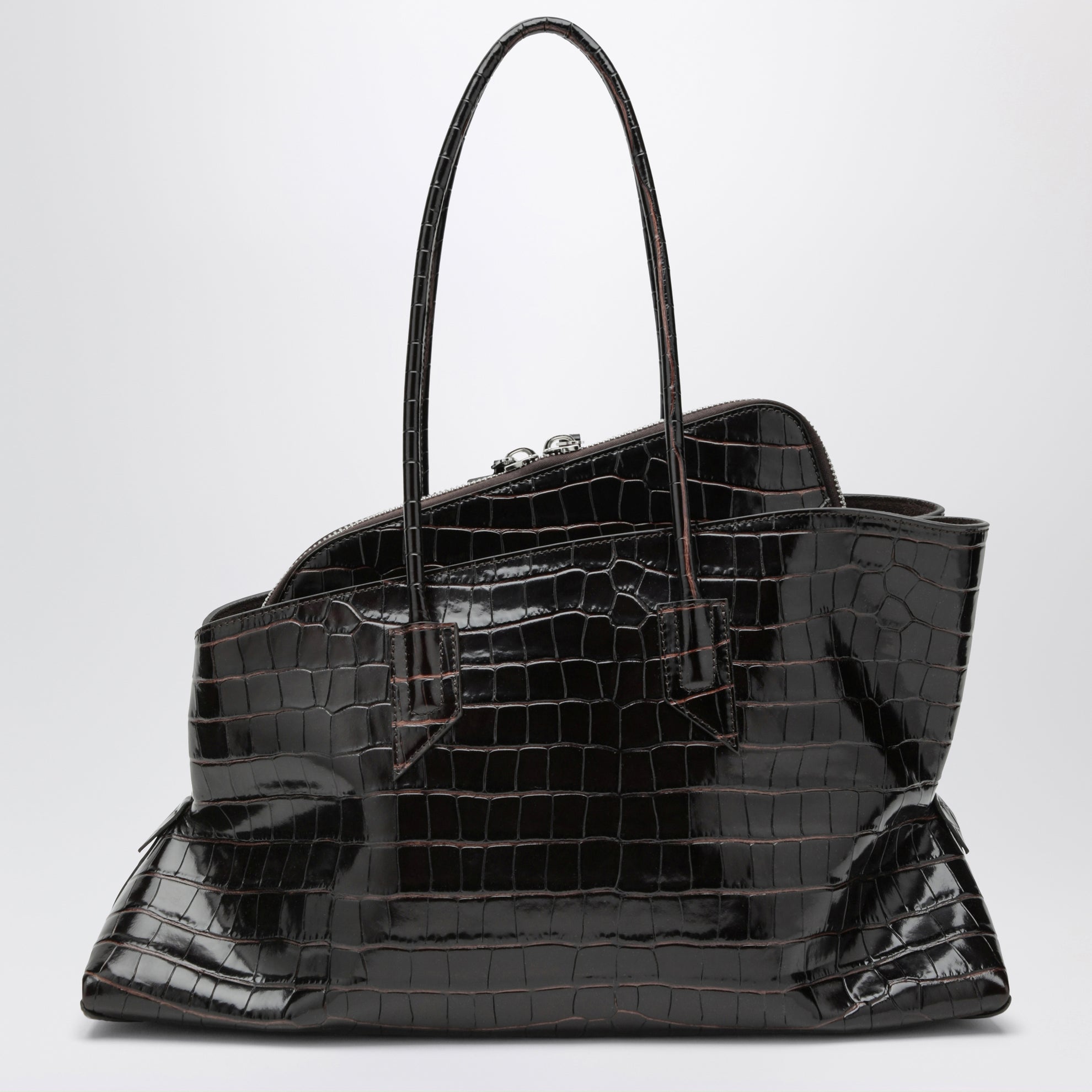 La Passeggiata Medium Tasche aus kaffeefarbenem Leder mit Kroko-Prägung