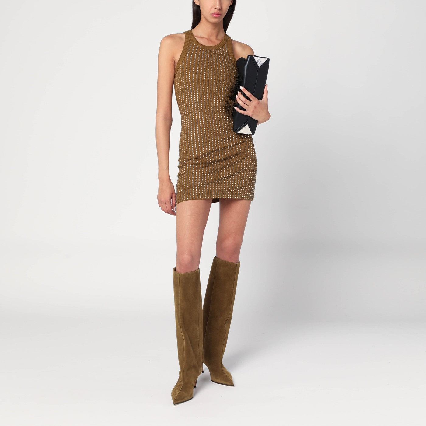 Military green mini dress with rhinestones