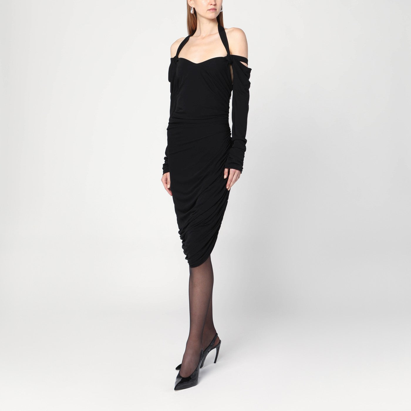 Schwarzes Midikleid aus Viskose-Crêpe