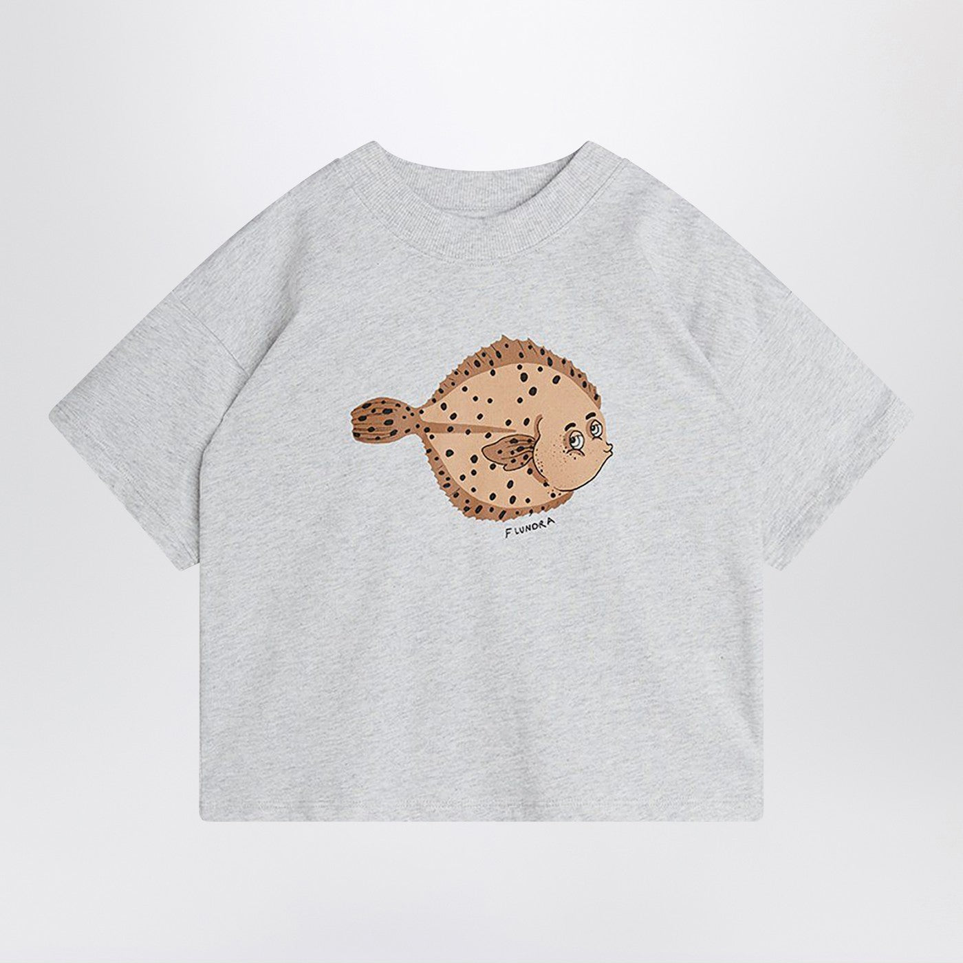 light grey T-shirt with Flundra print