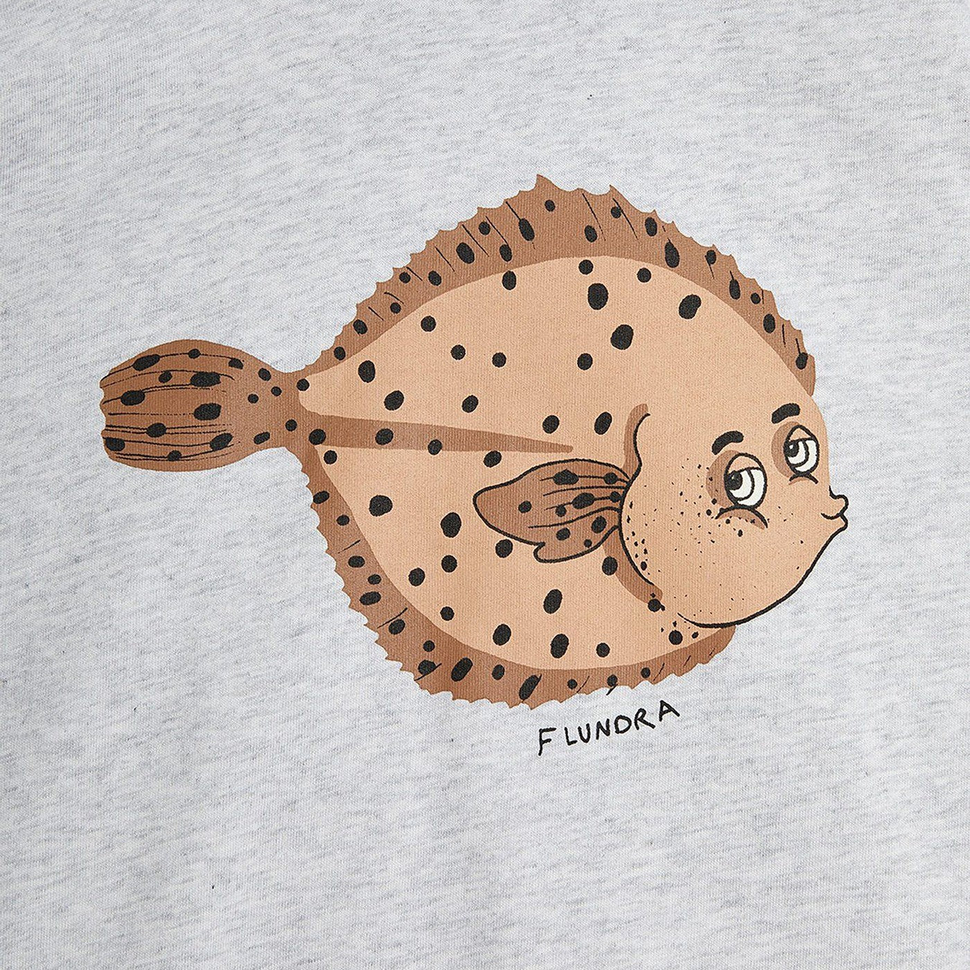 light grey T-shirt with Flundra print