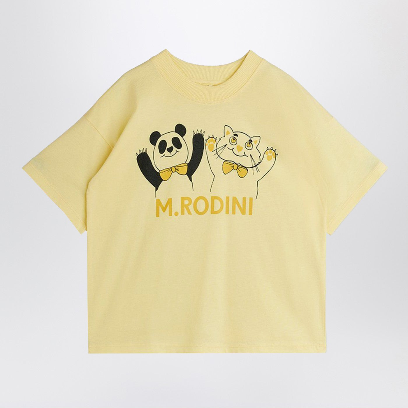 T-shirt jaune clair avec imprimé panda et chat