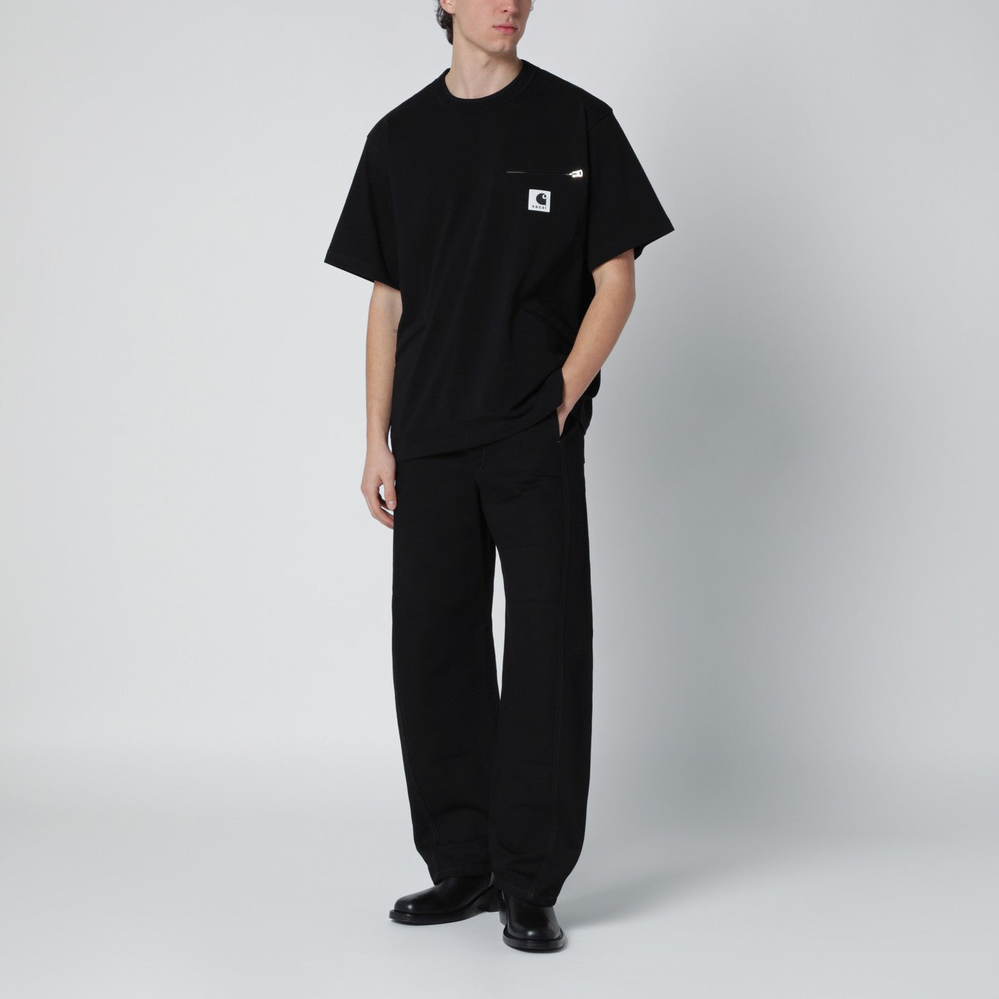 Sacai x Carhartt WIP Black cotton T-shirt with logo patch | TheDoubleF