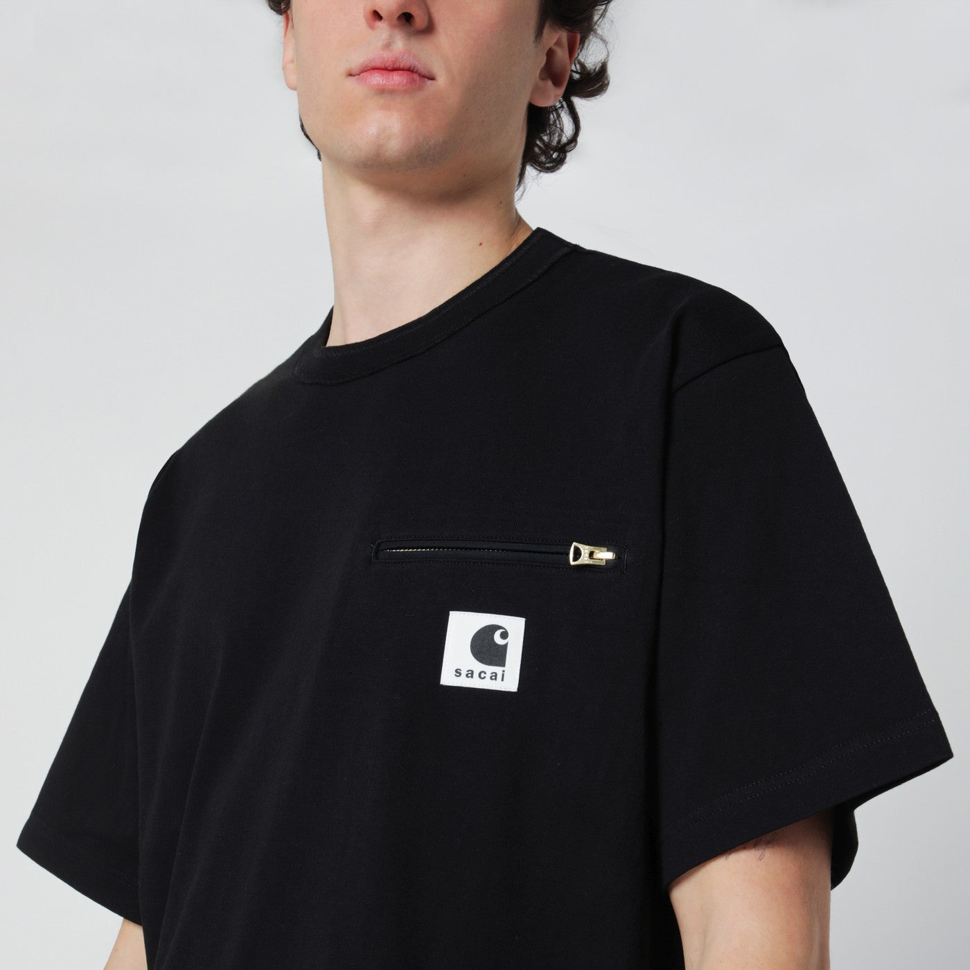 Sacai x Carhartt WIP Black cotton T-shirt with logo patch | TheDoubleF