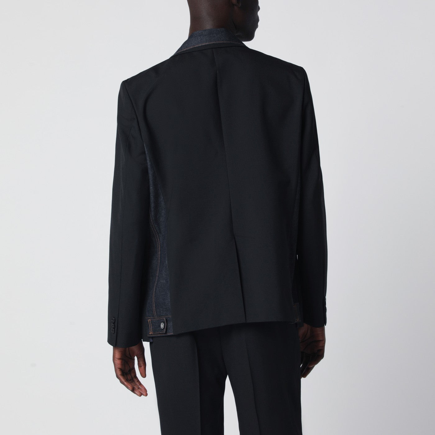 Black single-breasted jacket with denim insert