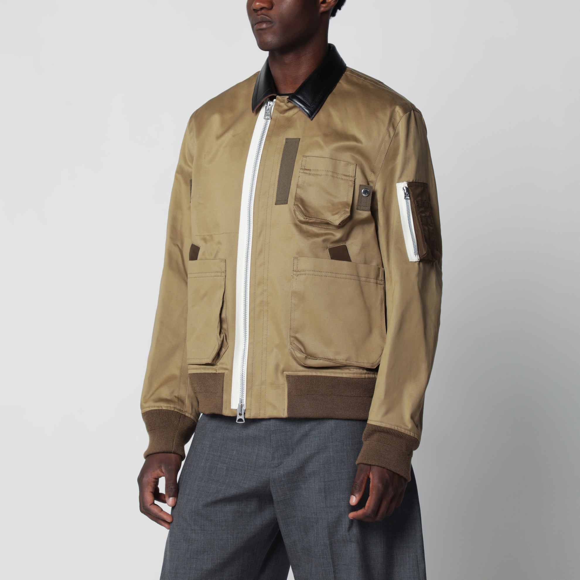 Beige cotton and nylon bomber jacket