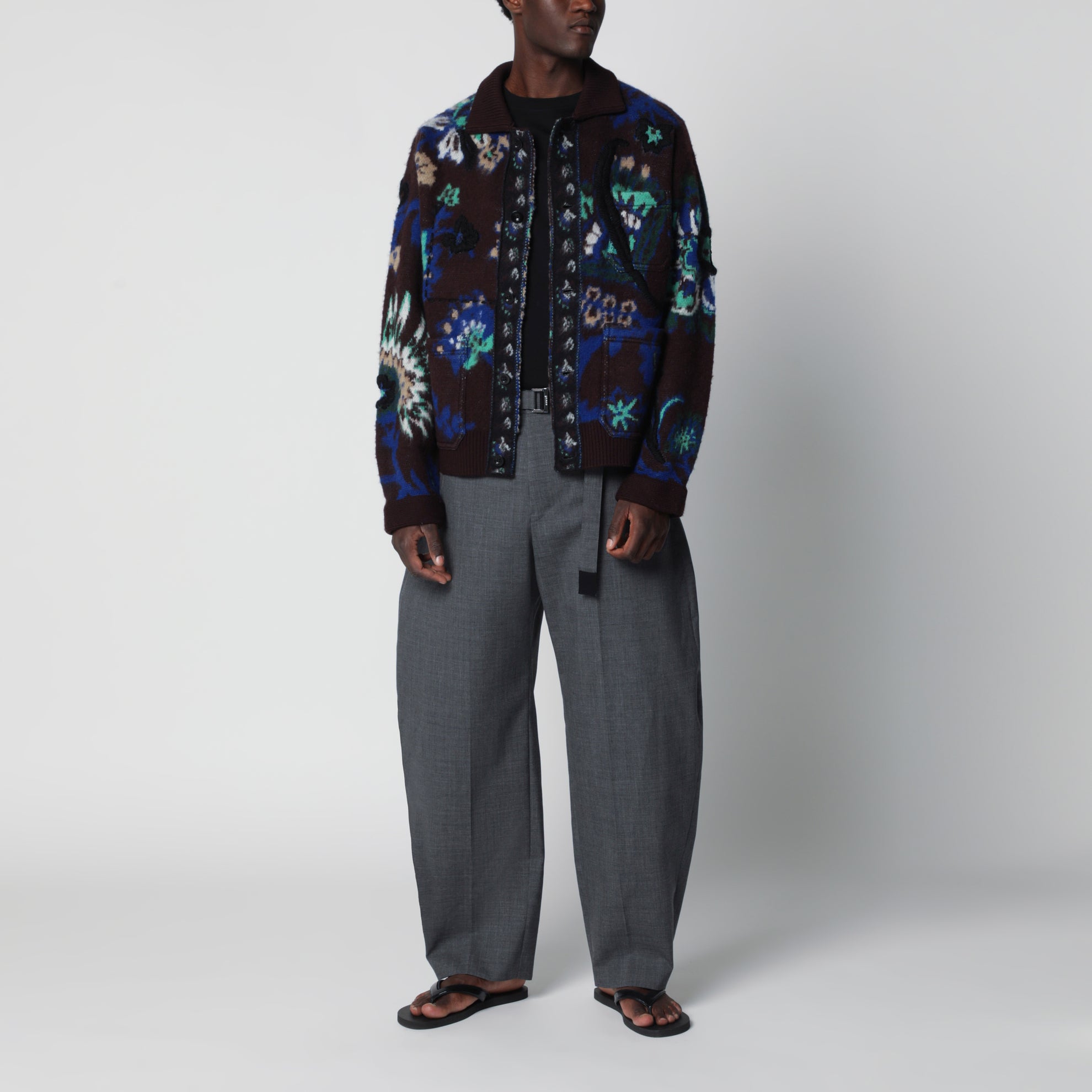 Brown wool jacket with floral pattern