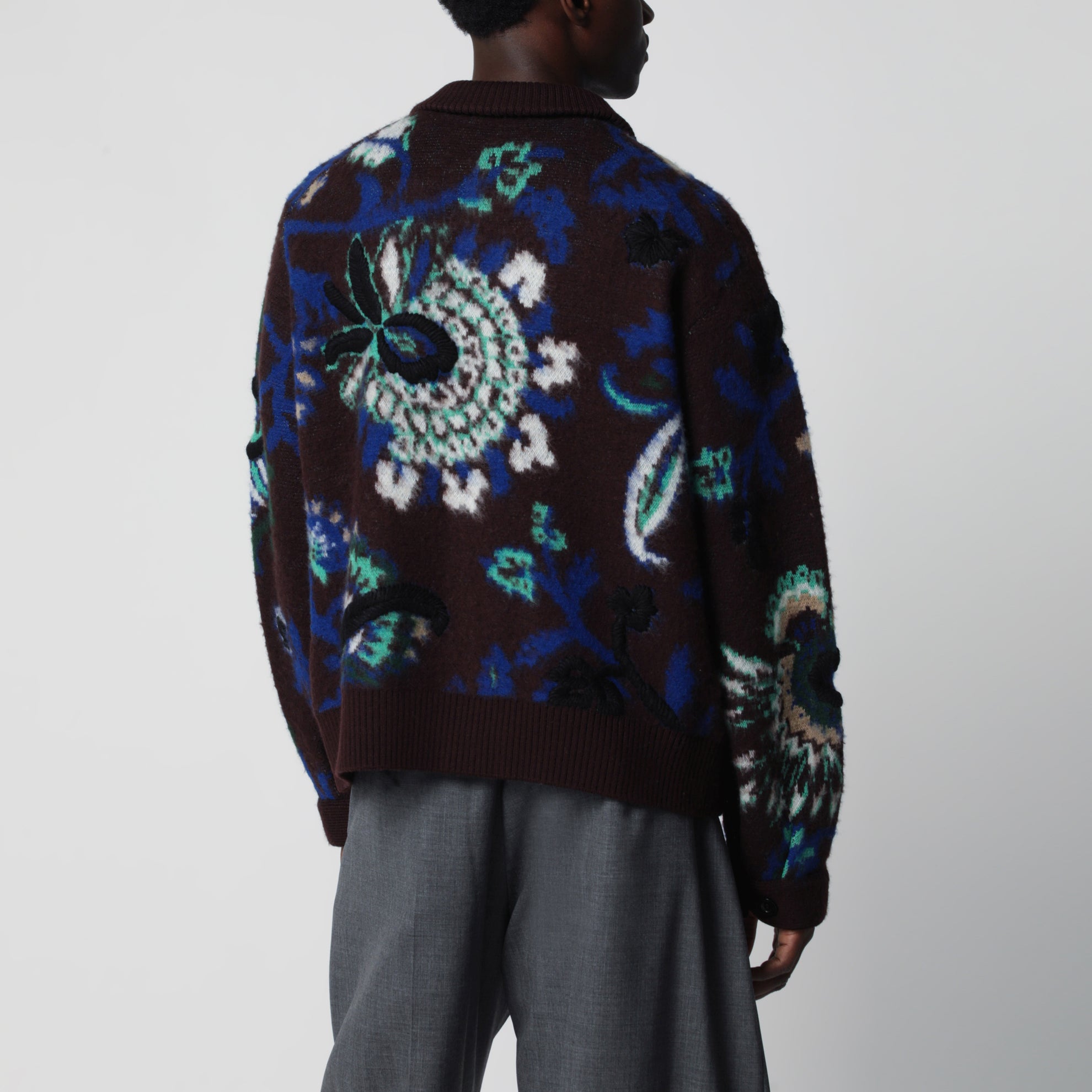 Brown wool jacket with floral pattern
