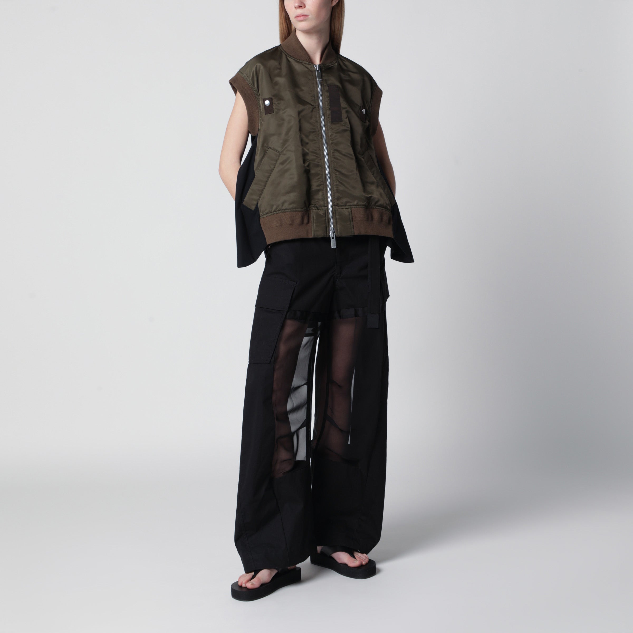 Sacai Black cargo trousers with semi-sheer insert | TheDoubleF