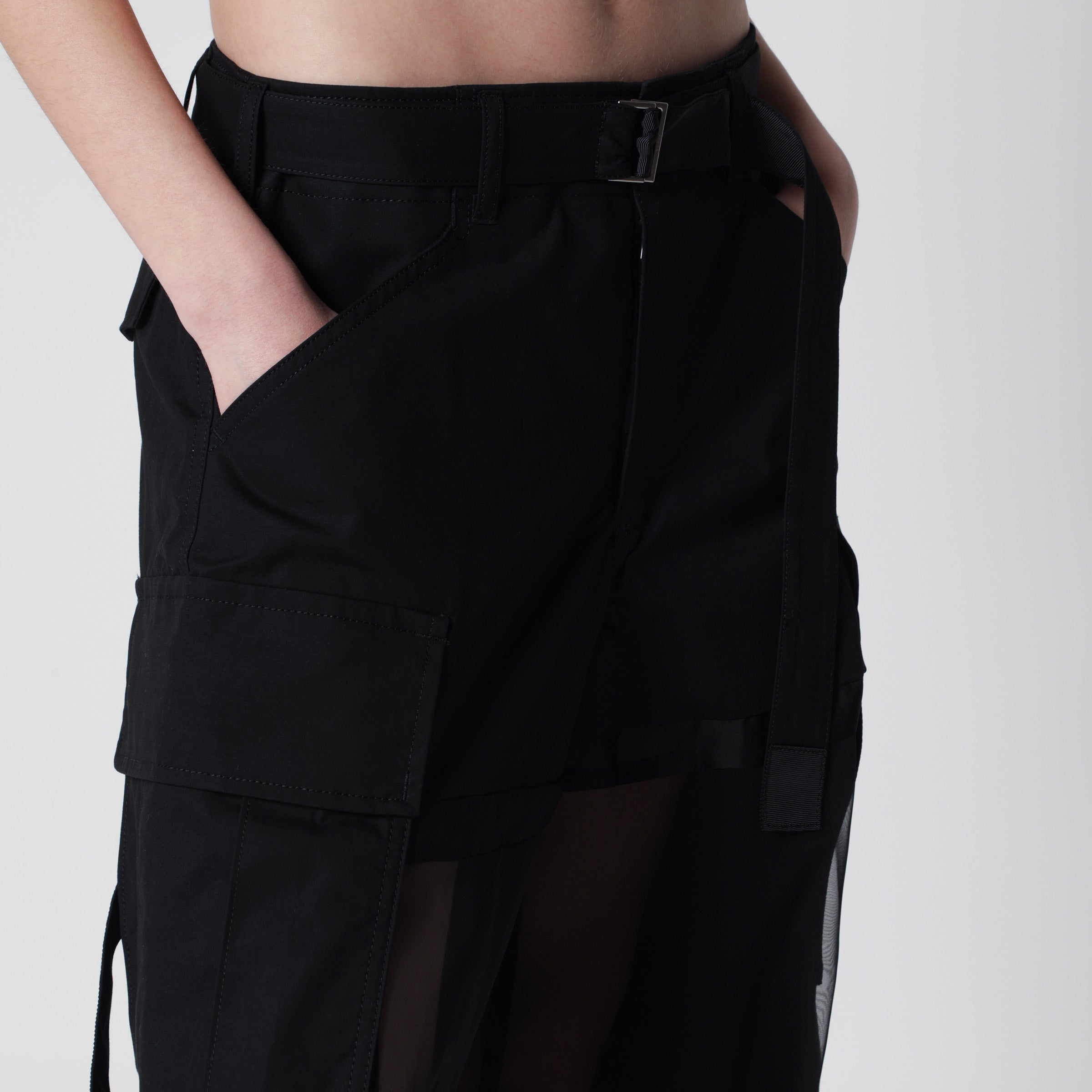 Sacai Black cargo trousers with semi-sheer insert | TheDoubleF