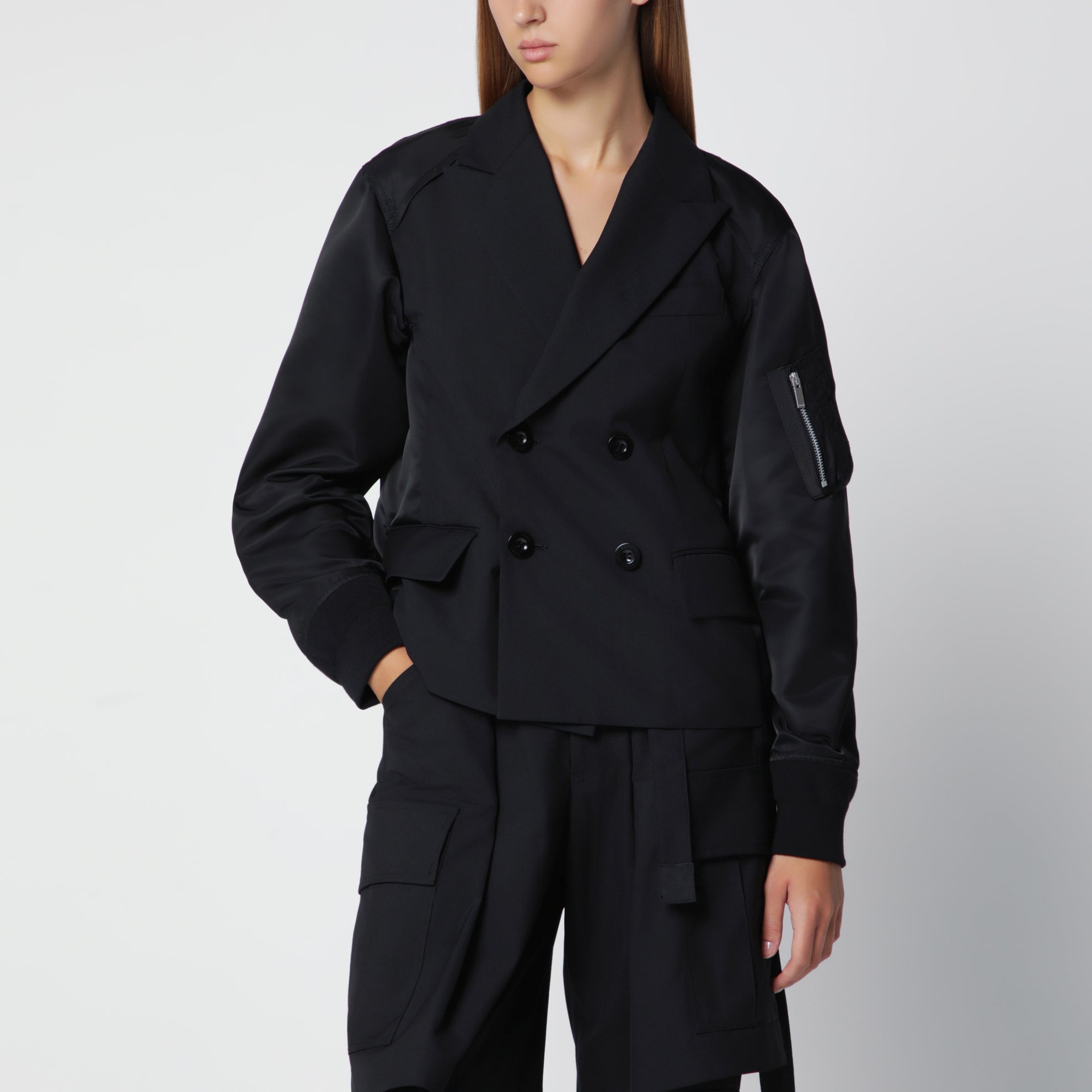 Black double-breasted wool and nylon blend jacket