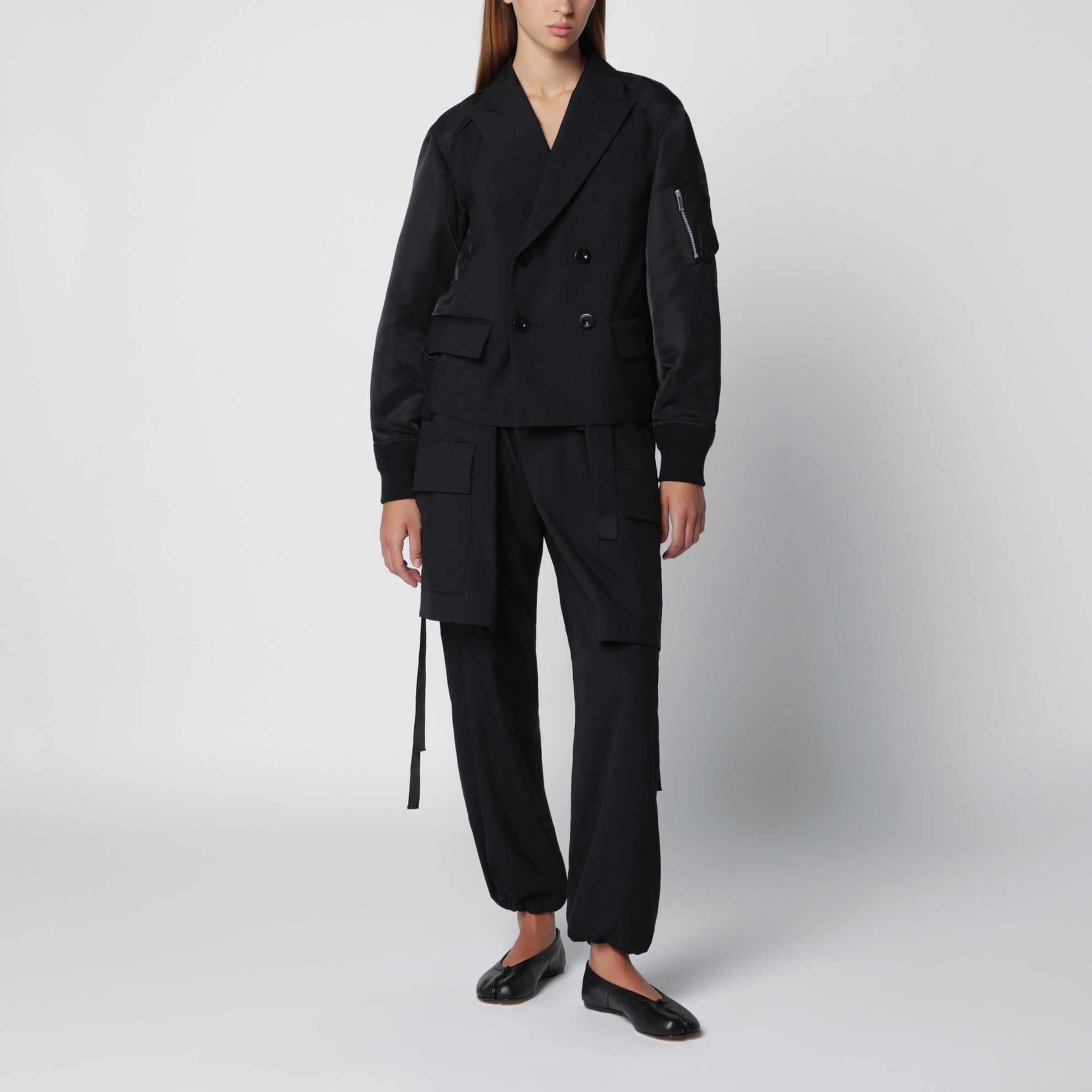 Black double-breasted wool and nylon blend jacket