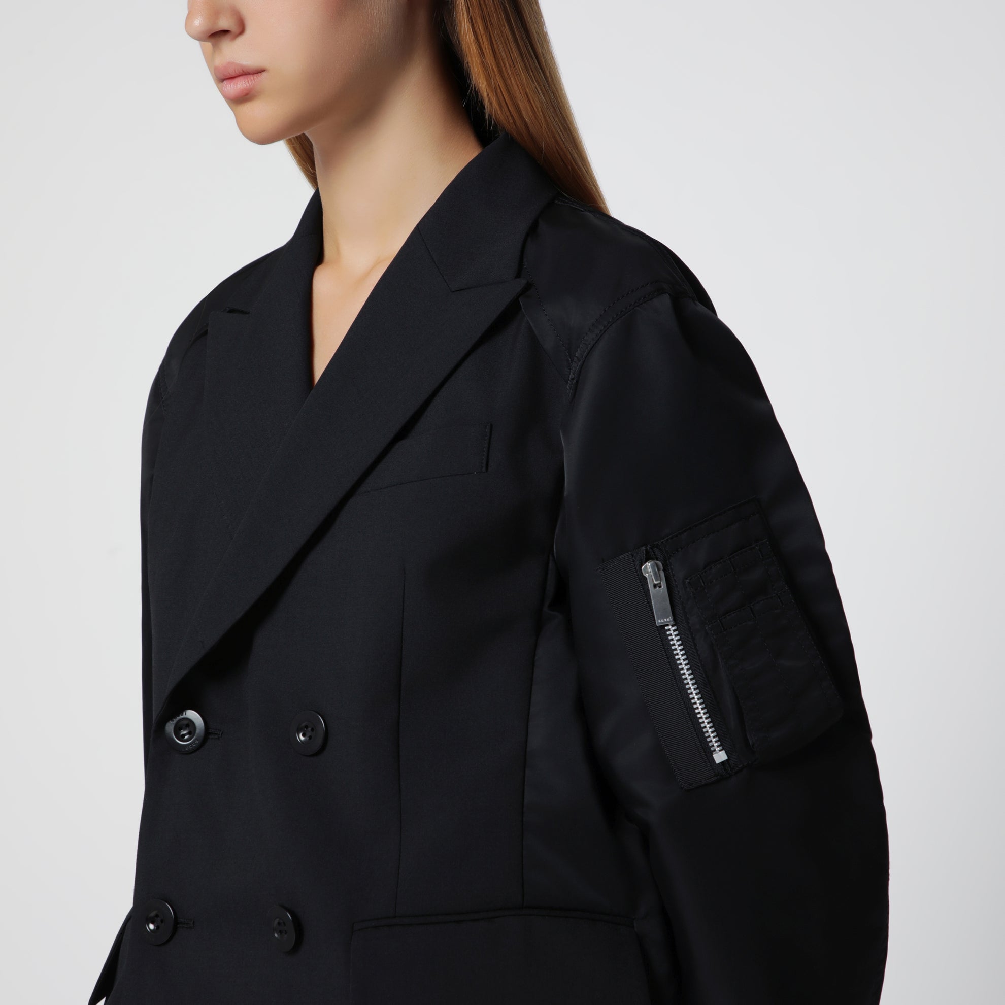 Black double-breasted wool and nylon blend jacket