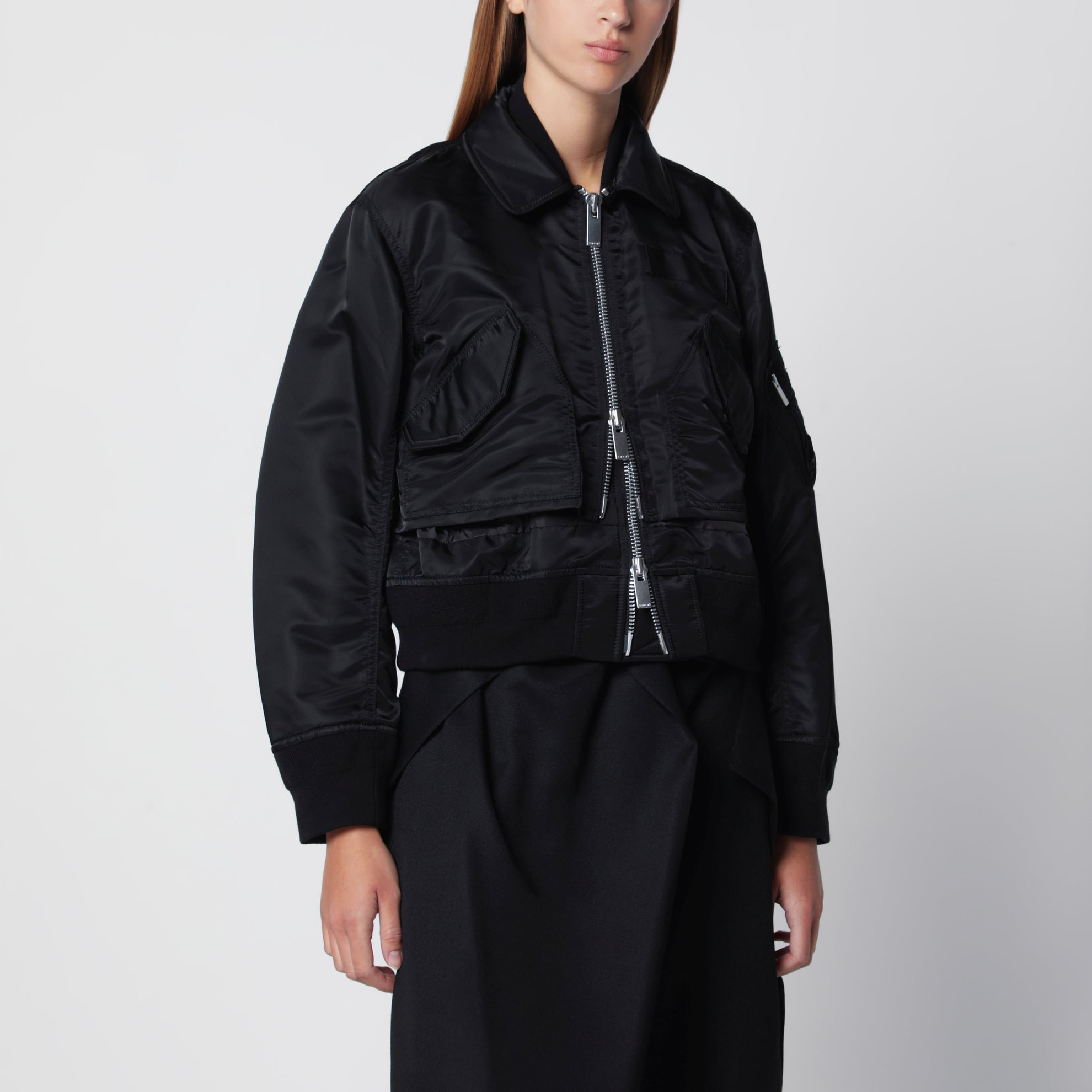 Black satin-effect nylon zip bomber jacket