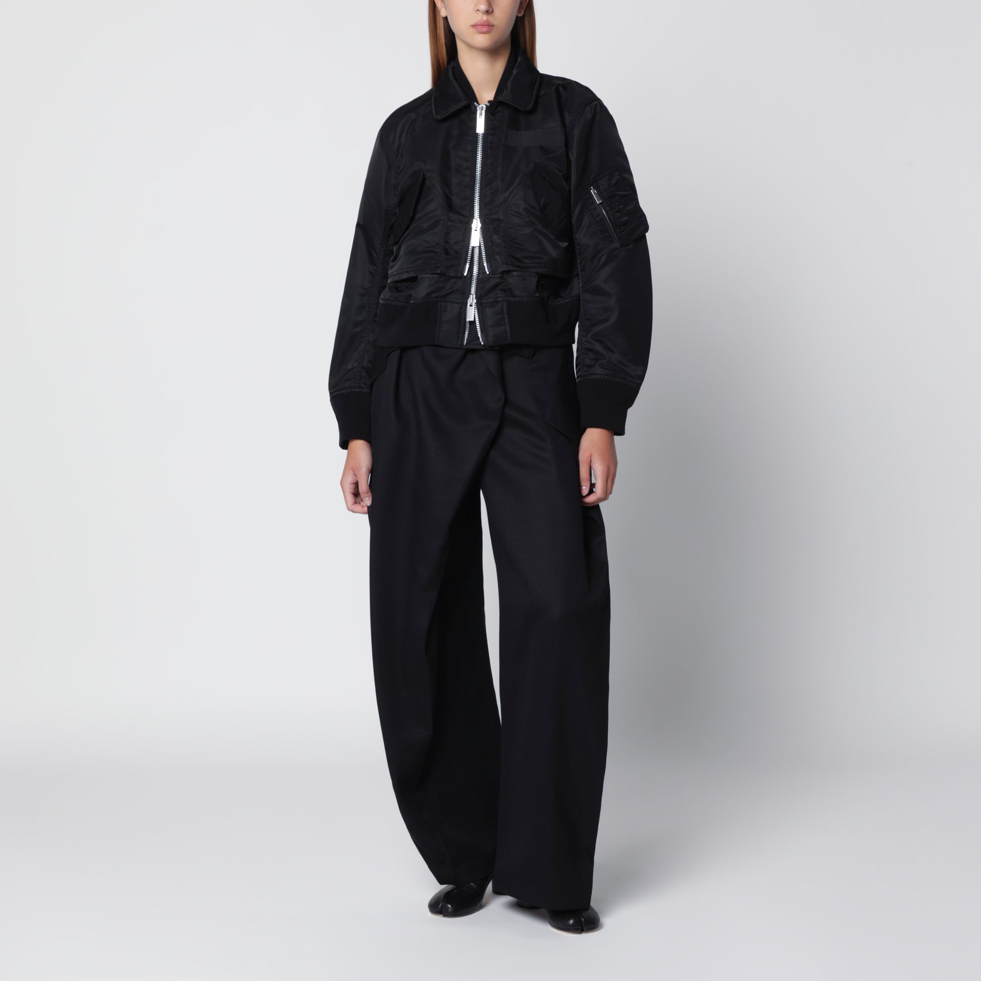 Black satin-effect nylon zip bomber jacket