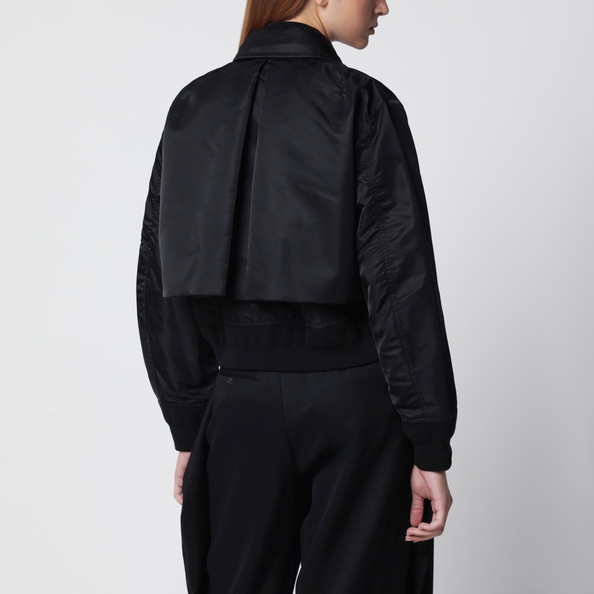 Black satin-effect nylon zip bomber jacket