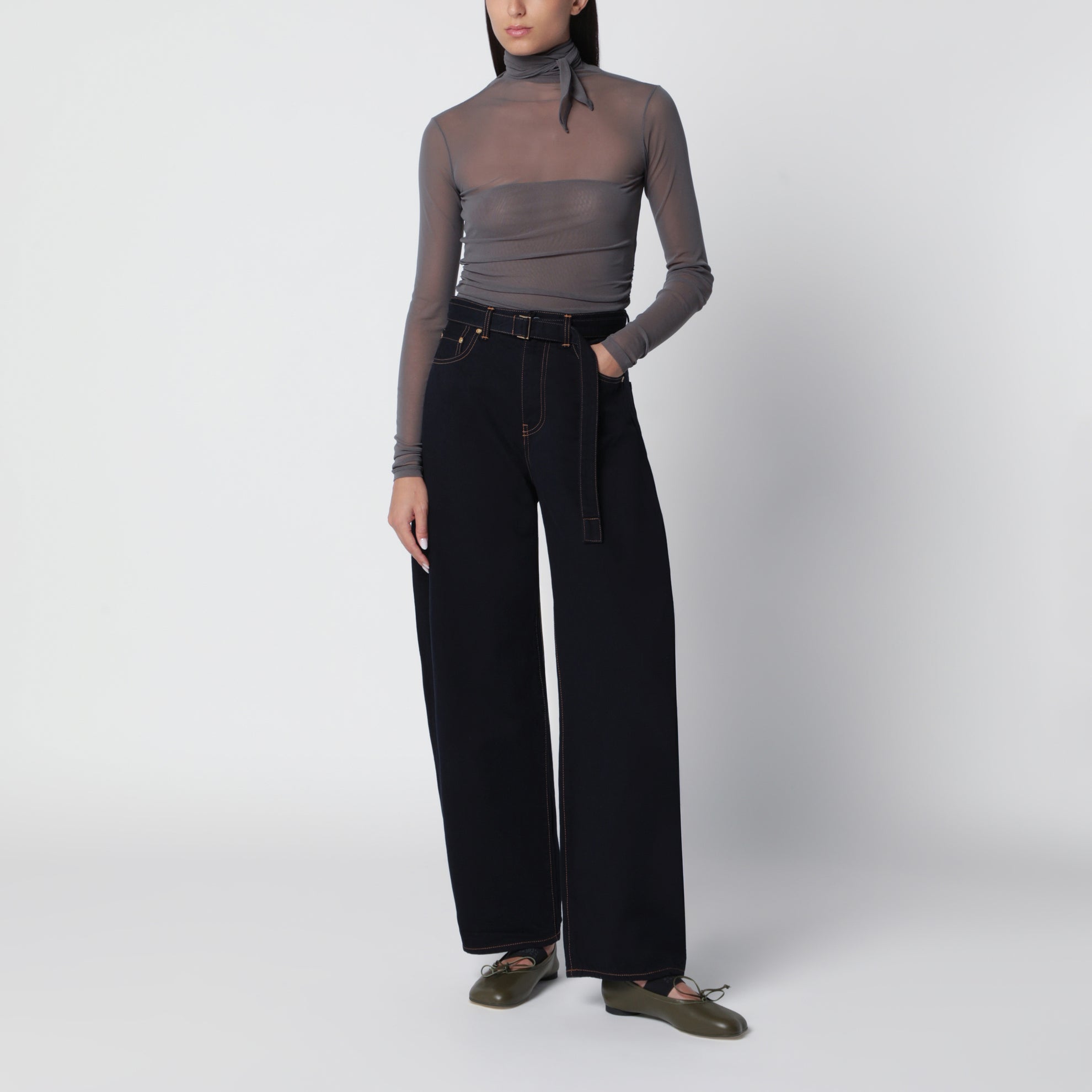 Pantalon taille haute bleu marine en coton