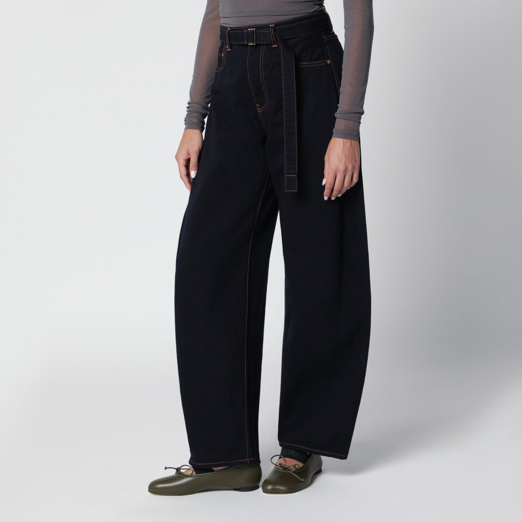 Pantalon taille haute bleu marine en coton