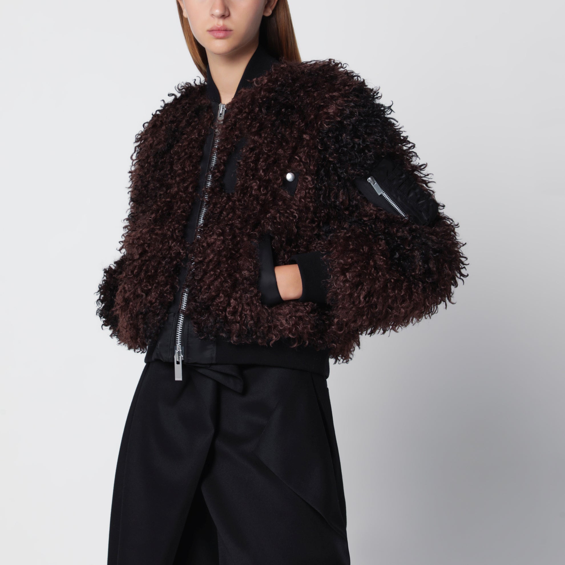 Bomber jacket with curly-effect faux fur inserts