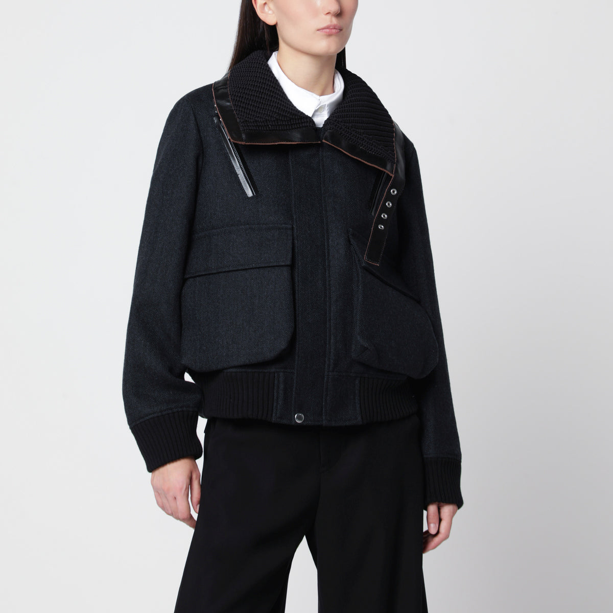 Giacca blu navy/nera in lana e nylon
