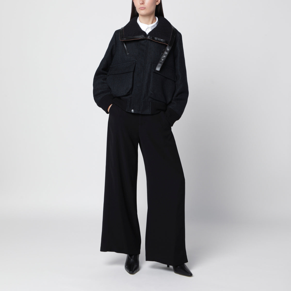 Giacca blu navy/nera in lana e nylon
