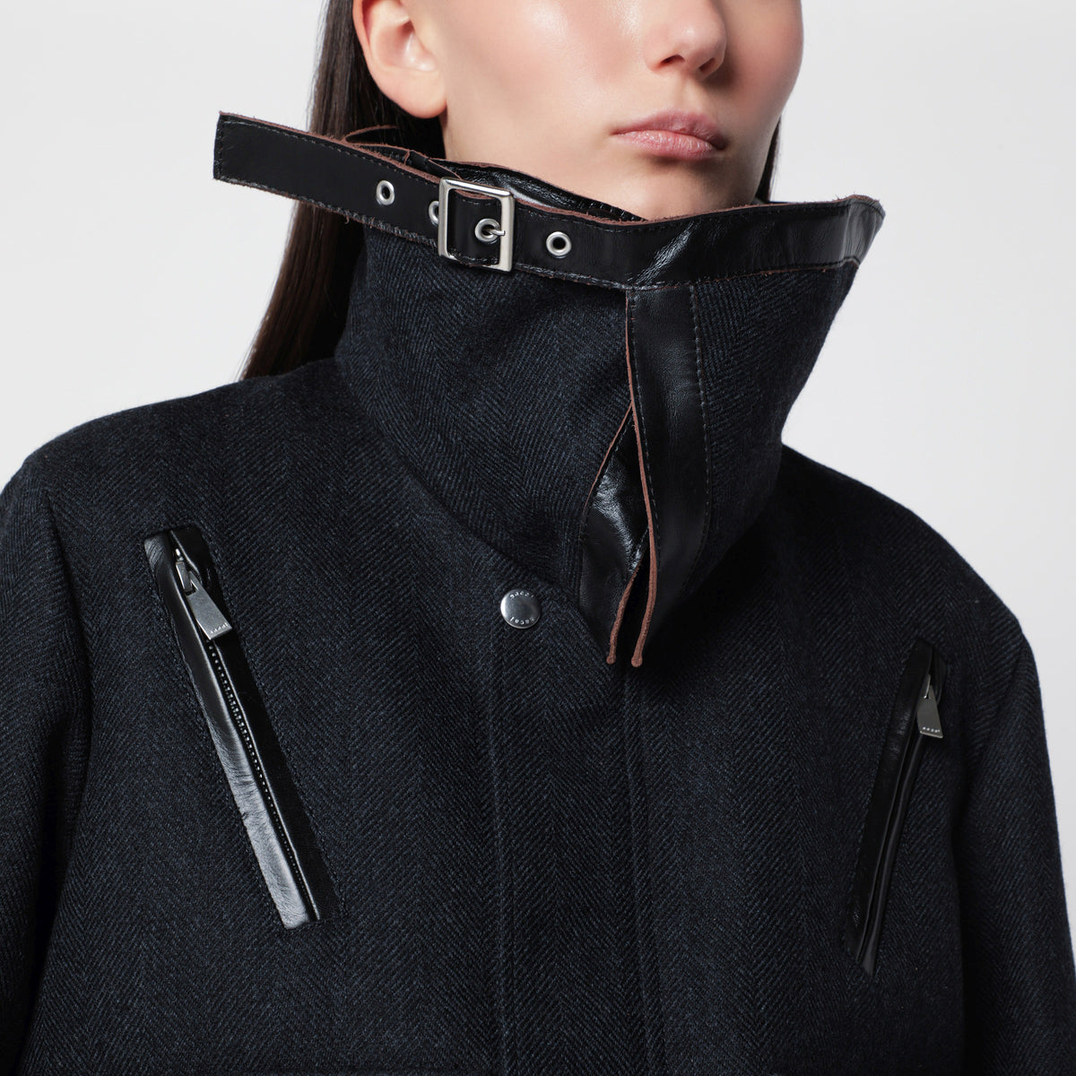 Giacca blu navy/nera in lana e nylon