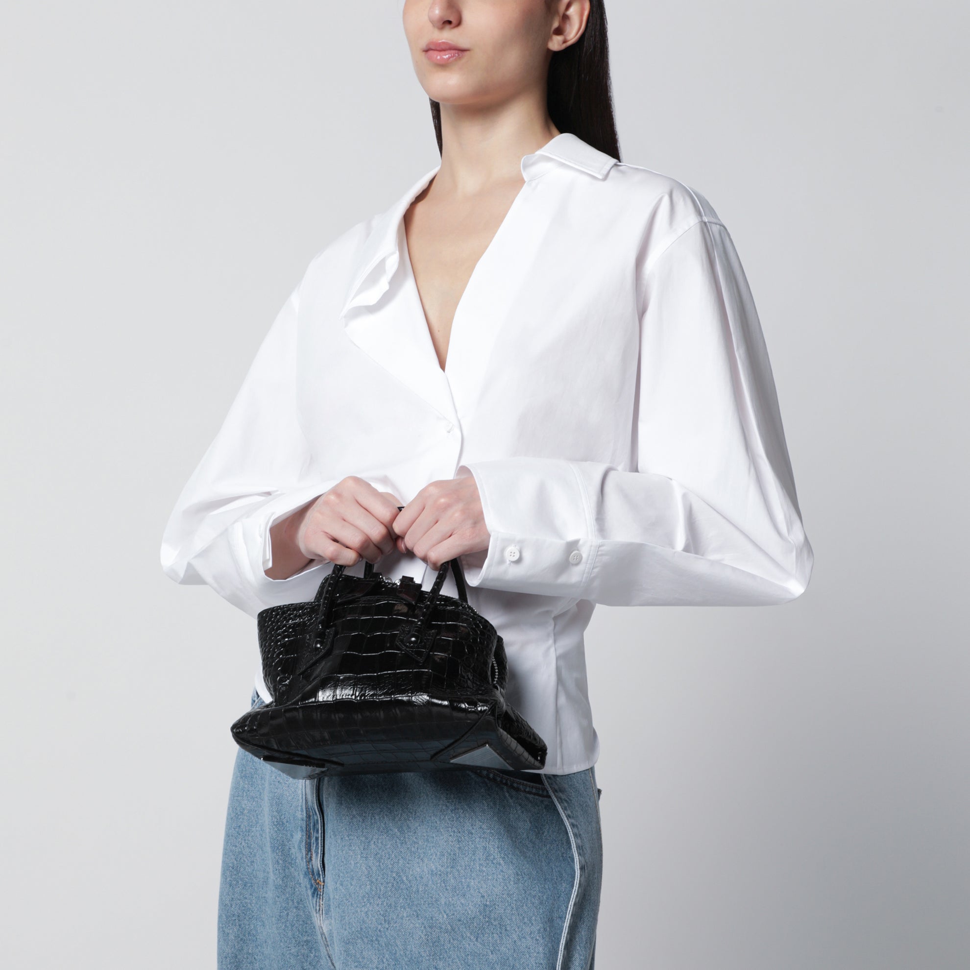 La Passeggiata Mini Tasche in Schwarz aus Leder mit Krokoprägung