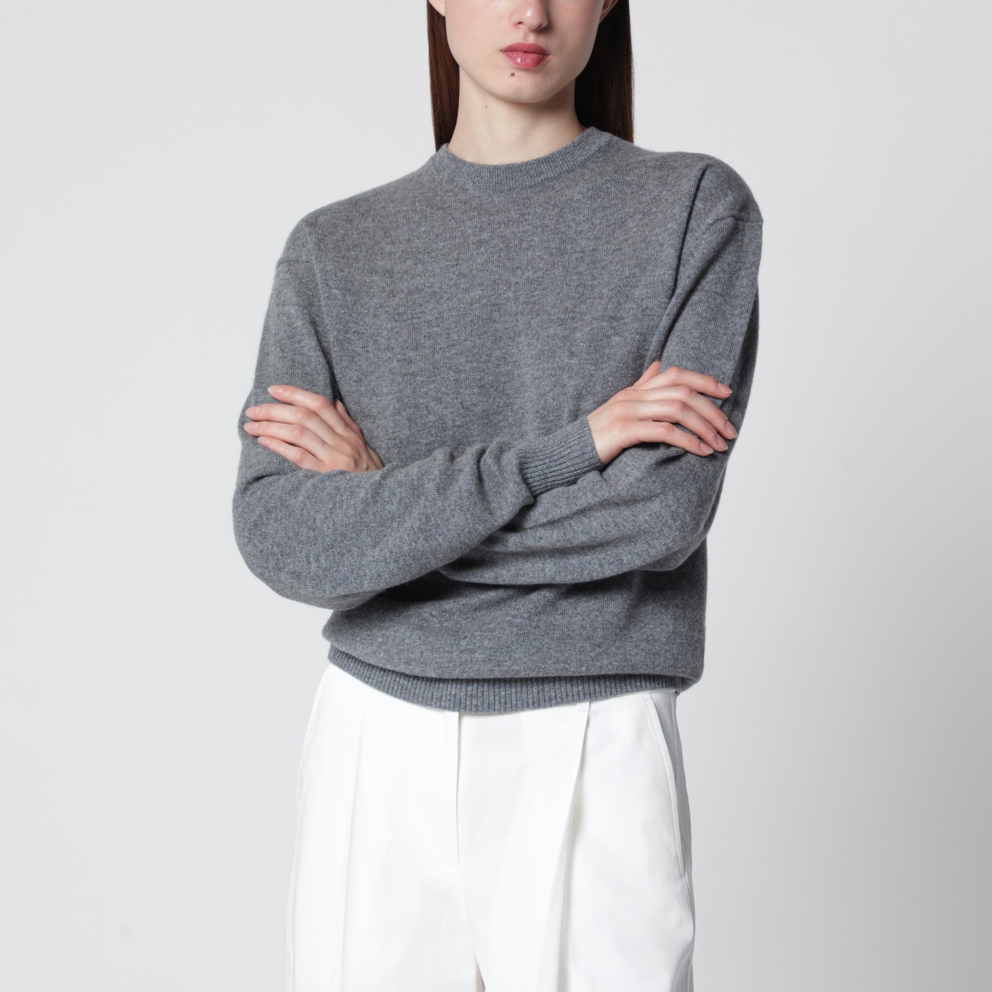Klassischer Kaschmirpullover mit Rundhals grau meliert