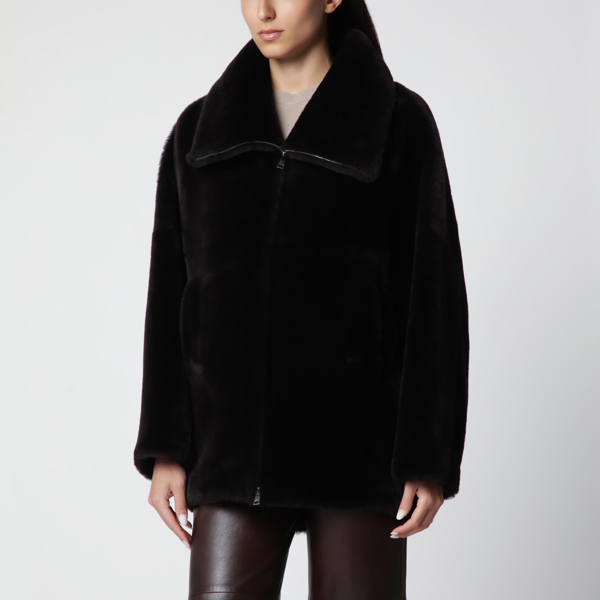 Chocolate brown zip-up shearling jacket