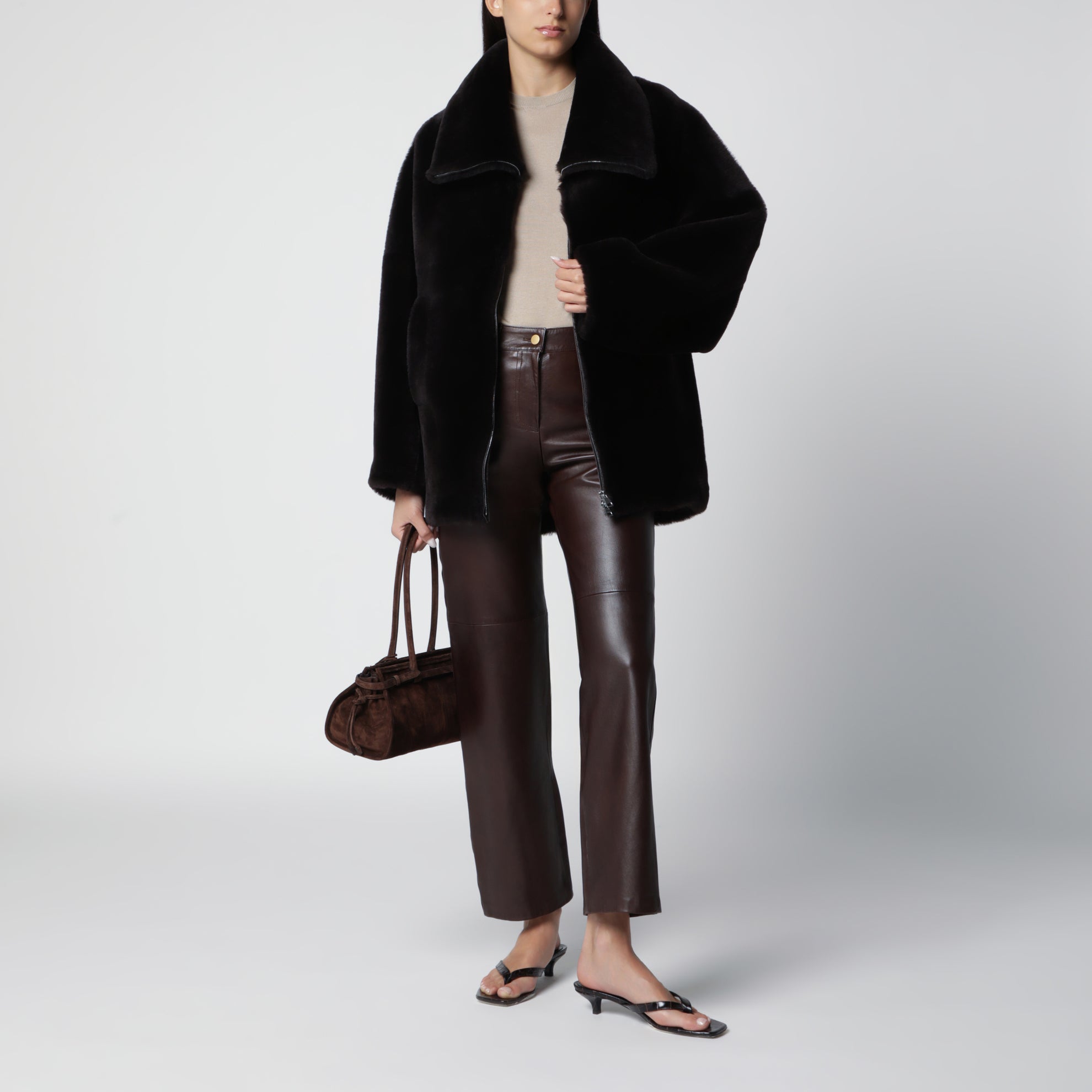 Chocolate brown zip-up shearling jacket